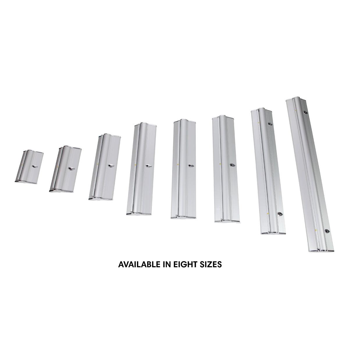 Eight sizes of portable banner stands for trade shows, exhibitions, and events displayed on white background