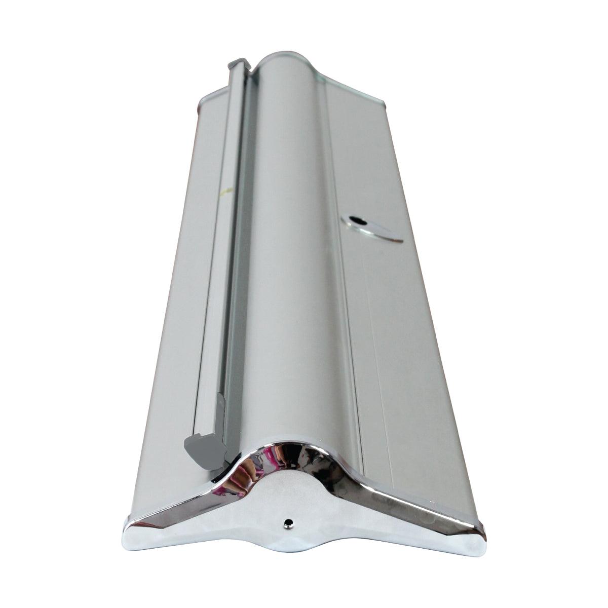 Compact banner stand base designed for trade shows and exhibitions with integrated locking mechanism