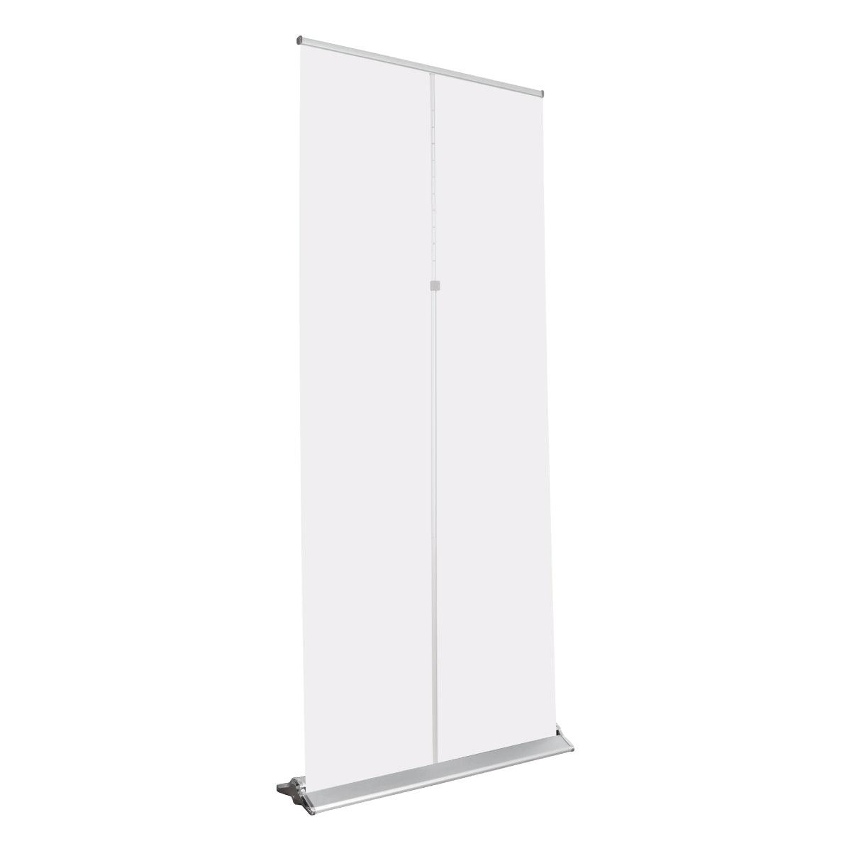 Retractable banner stand with blank display panel for trade shows and exhibitions