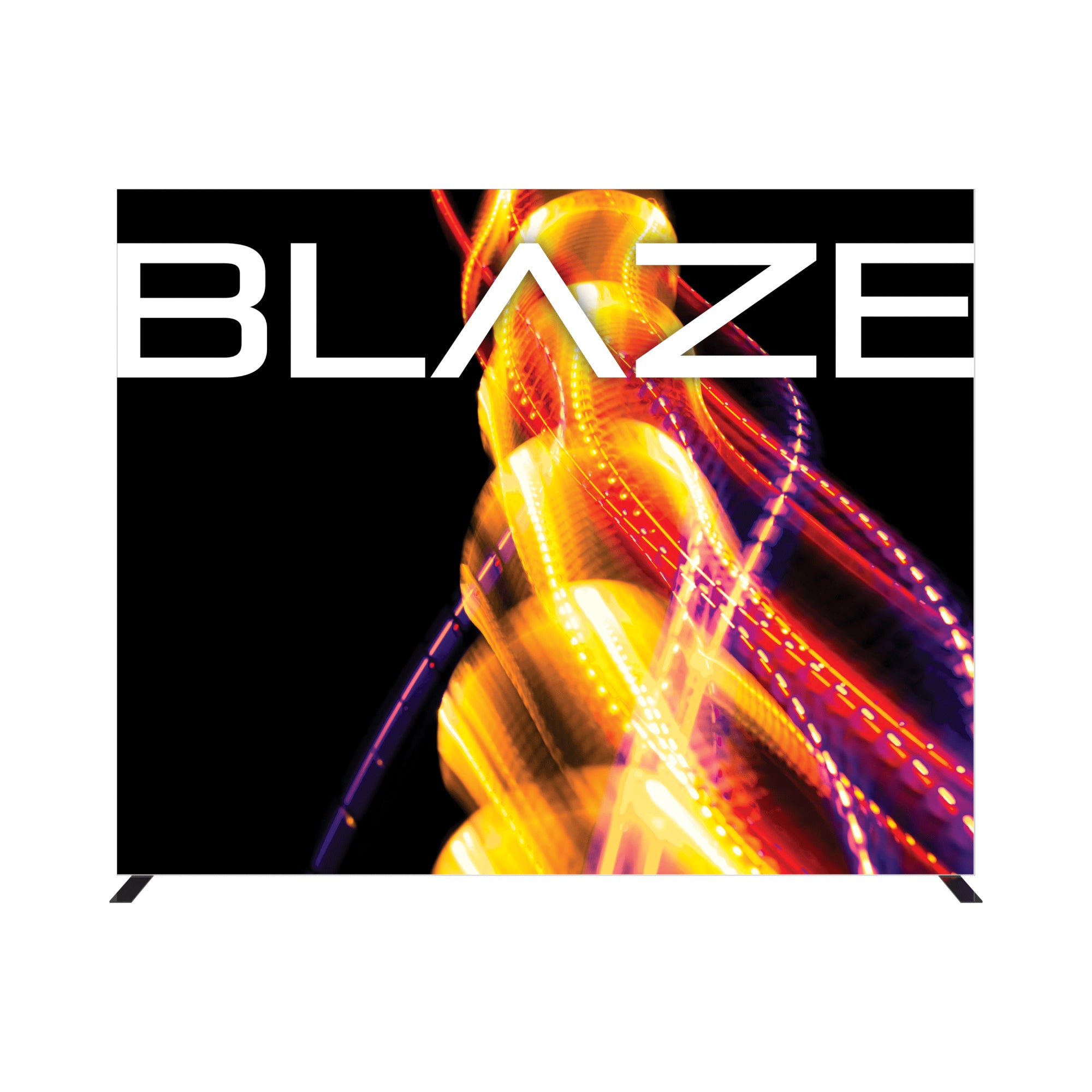 Trade show display featuring illuminated modern light trails with bold BLAZE branding for exhibitions and events