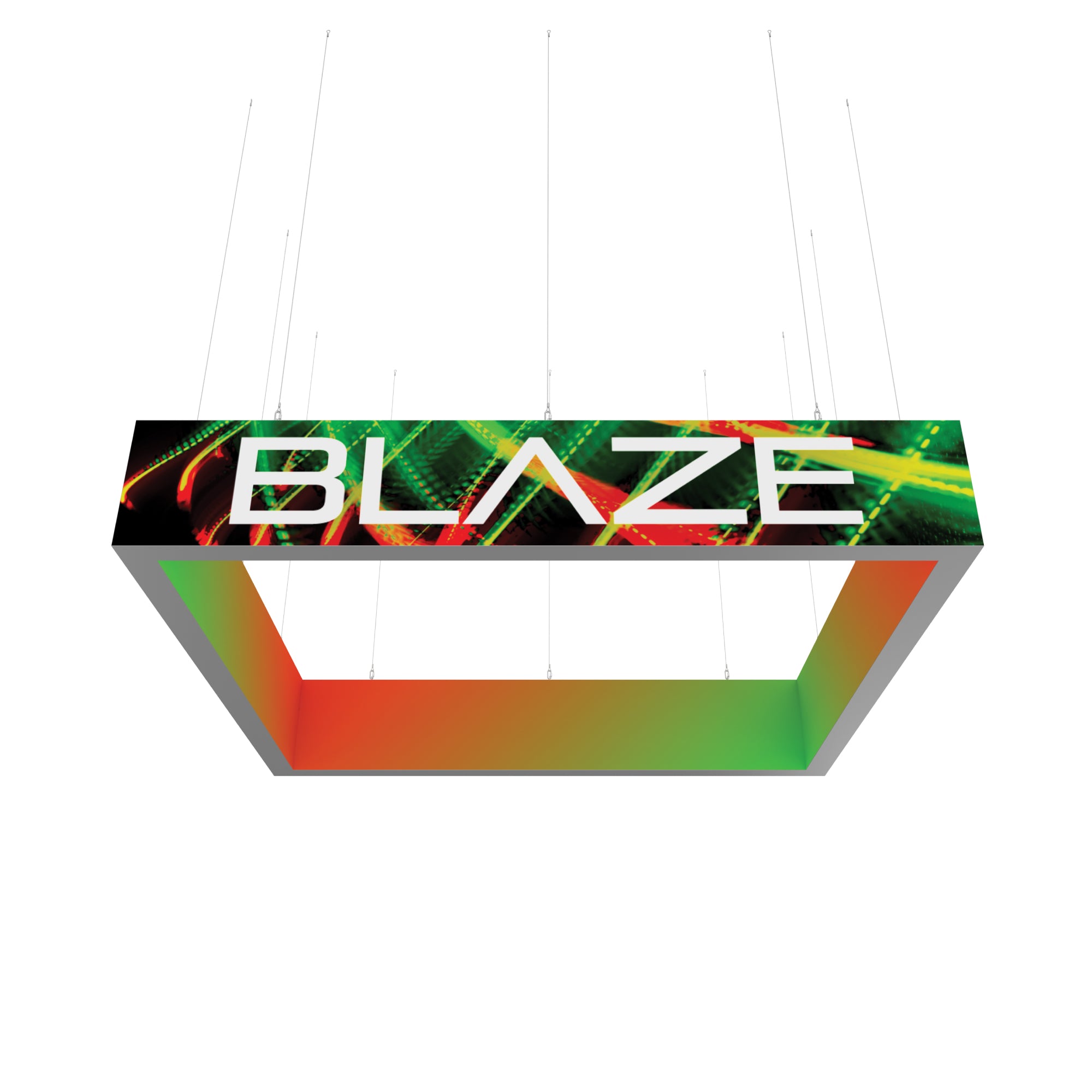 Suspended rectangular hanging light box with 'BLAZE' text for trade show and exhibition displays