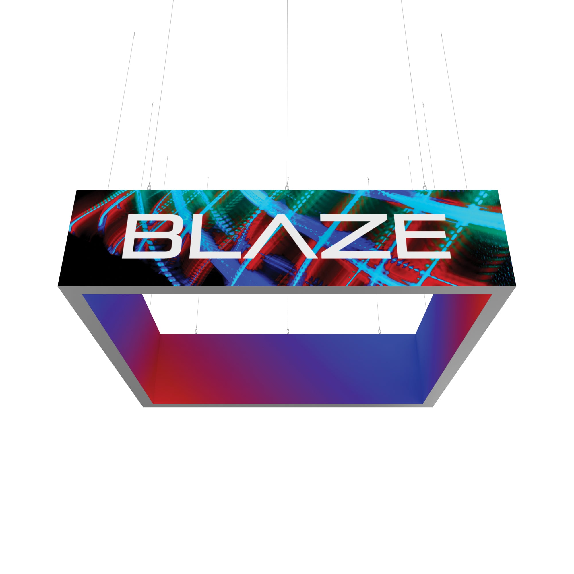 Suspended square light box signage with BLAZE branding for trade shows and exhibitions