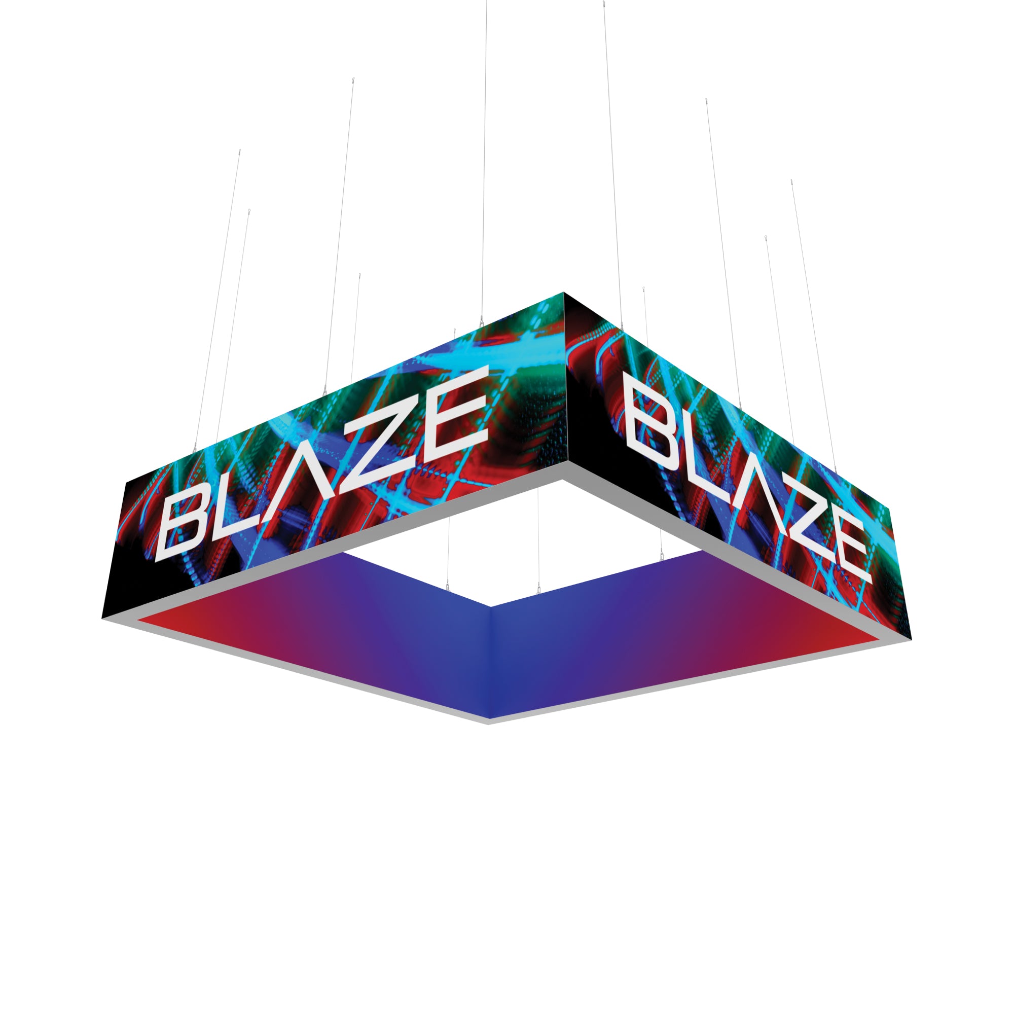Hanging square trade show light box with Blaze logo for exhibitions and special event displays