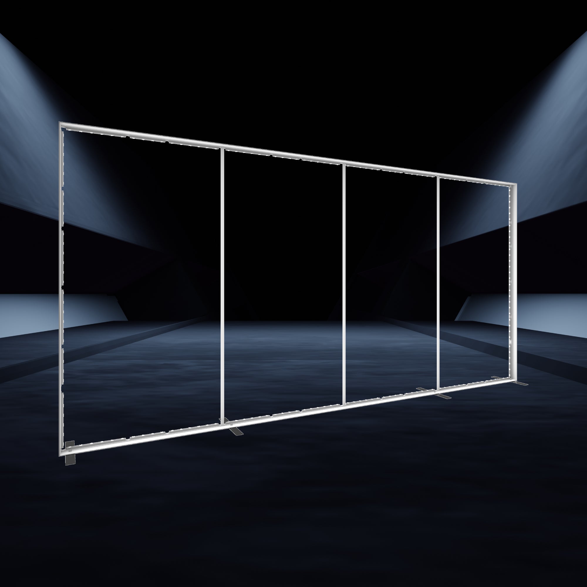 Large modular frame display illuminated by spotlights, ideal for trade shows, exhibitions, and events