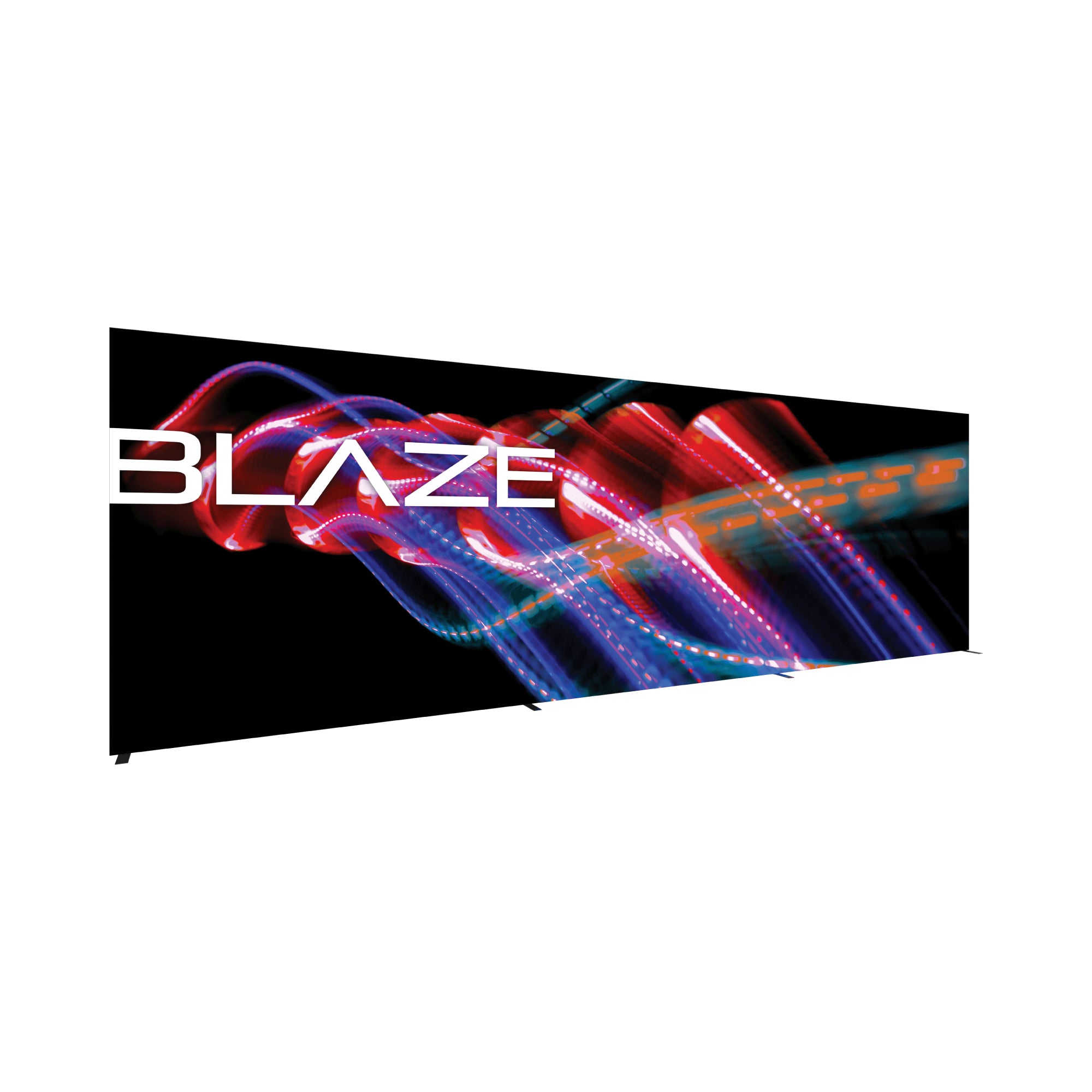 Large trade show display banner with abstract light trails and bold text 'BLAZE' for exhibitions and events