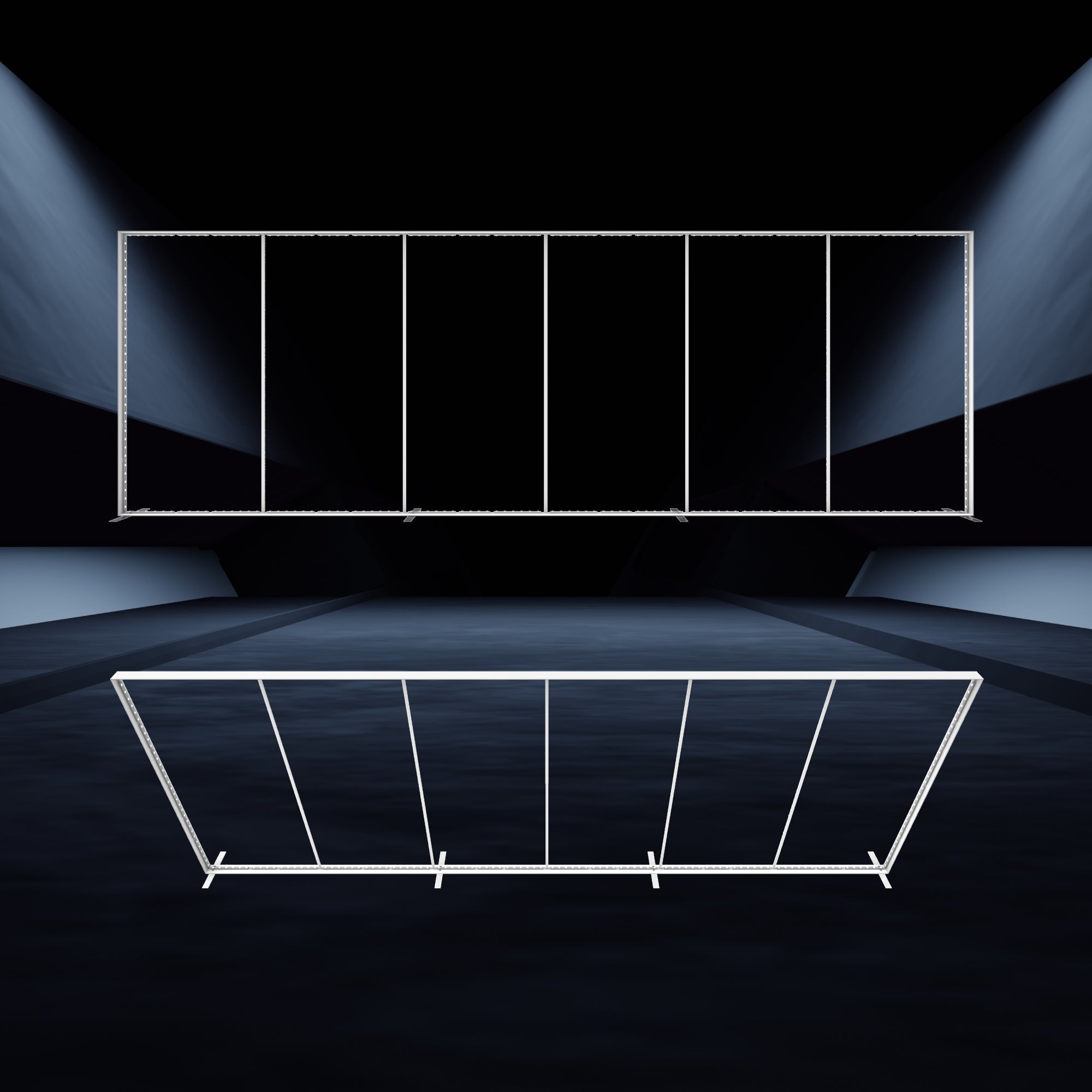 Large modular light box frame structure for trade shows and special event displays in dark exhibition space