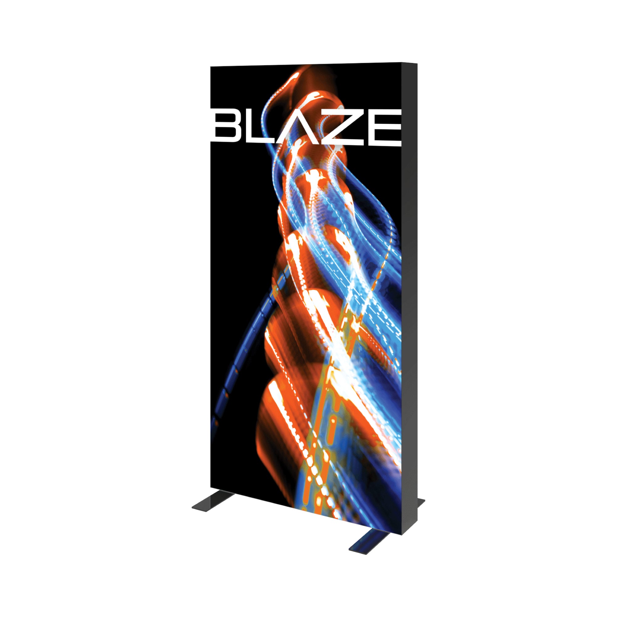 Illuminated fabric display panel with abstract light streaks, ideal for trade shows and exhibitions