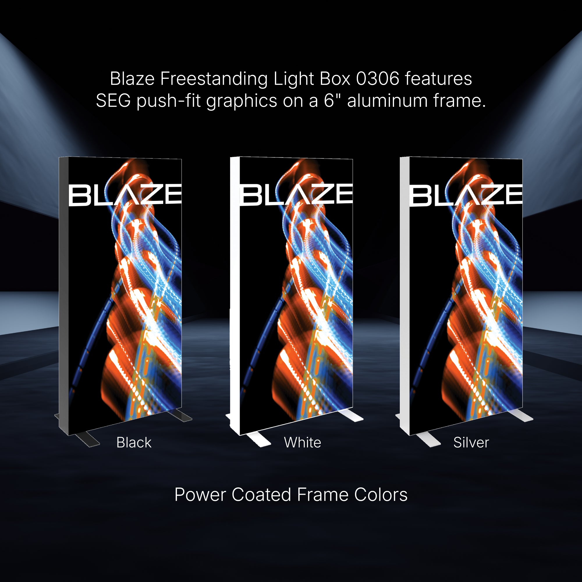 Three Blaze freestanding light boxes with SEG push-fit graphics on aluminum frames for trade shows and events