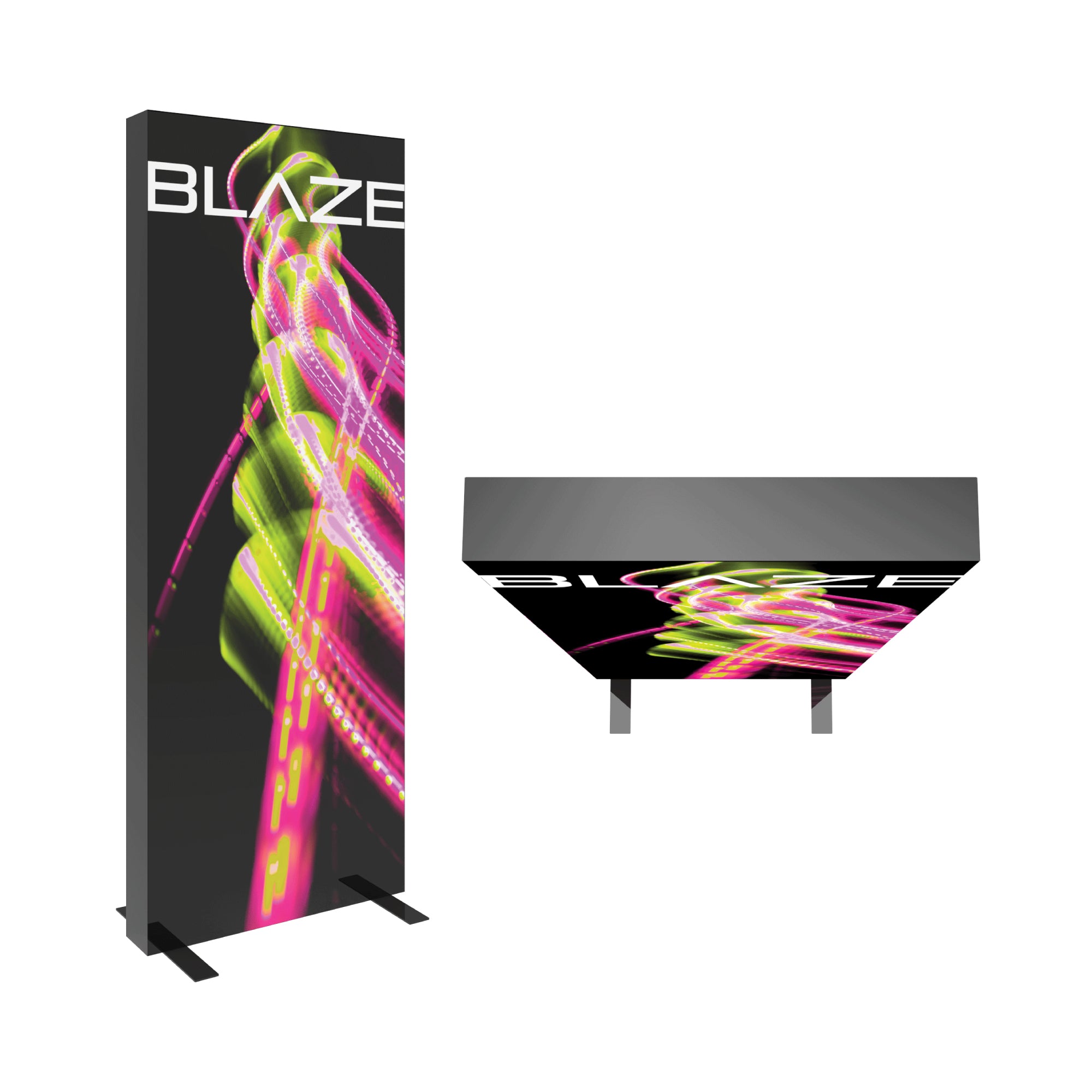 tall and overhead light box displays with dynamic abstract graphics for trade shows and exhibitions