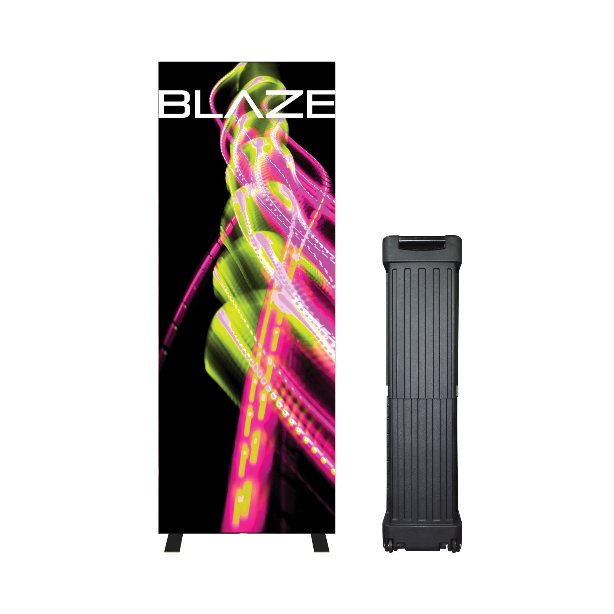 Vertical trade show light box display with abstract graphic and carrying case for exhibitions and events