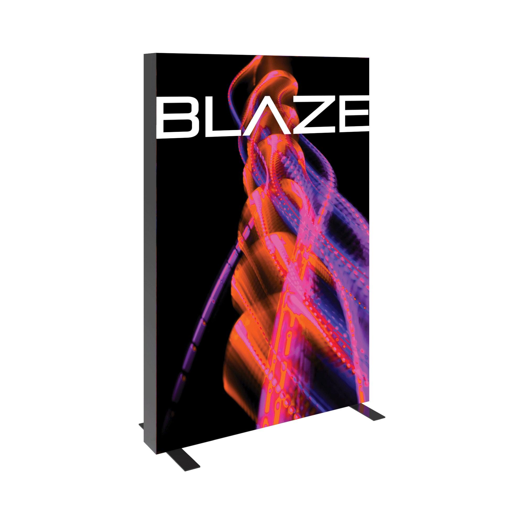 Trade show lightbox display with dynamic abstract design and bold BLAZE branding for exhibitions and events