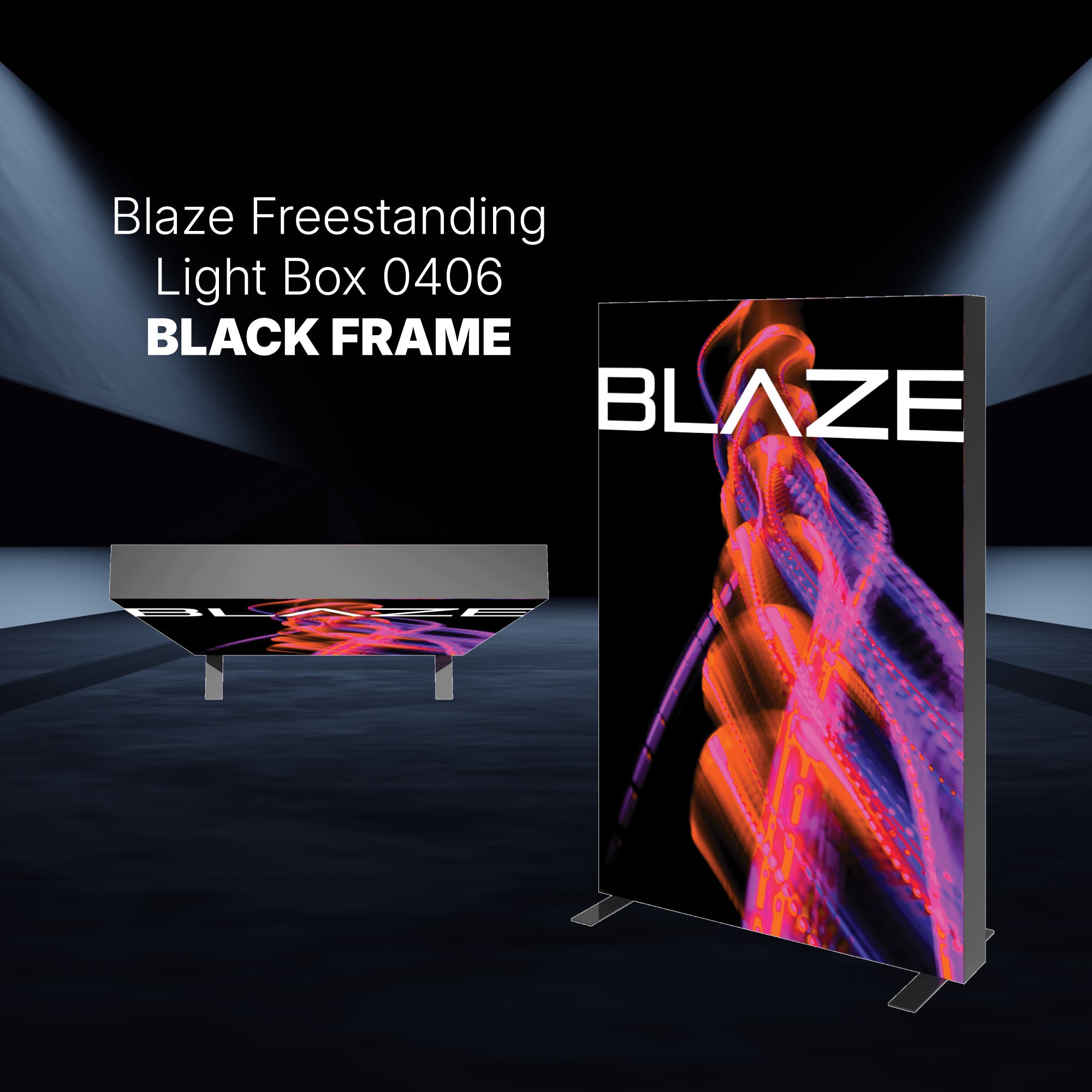 Blaze freestanding light box 0406 with black frame showcasing vibrant graphic for trade shows and exhibitions