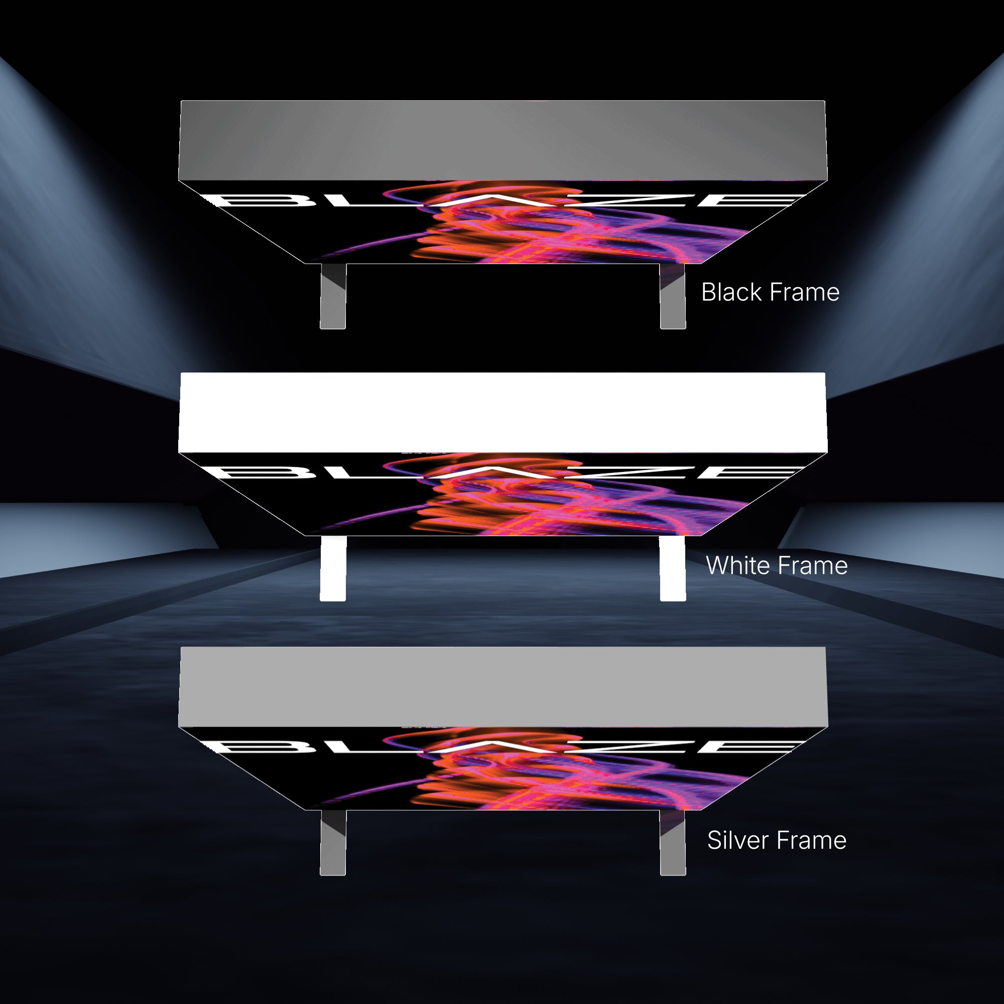 Three illuminated light box displays with different frame options for trade shows and exhibitions