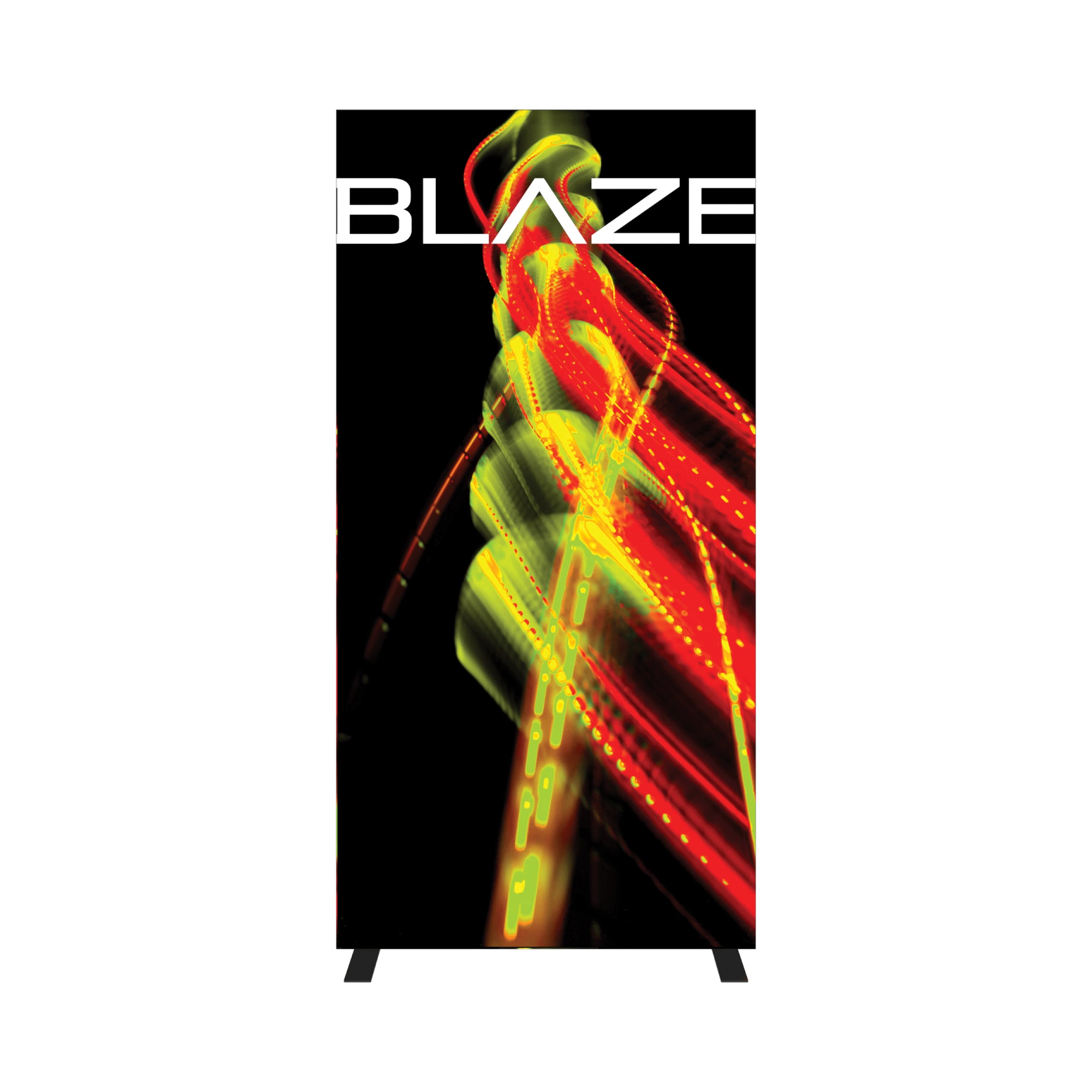 Vertical trade show lightbox display with dynamic abstract light streaks and BLAZE logo