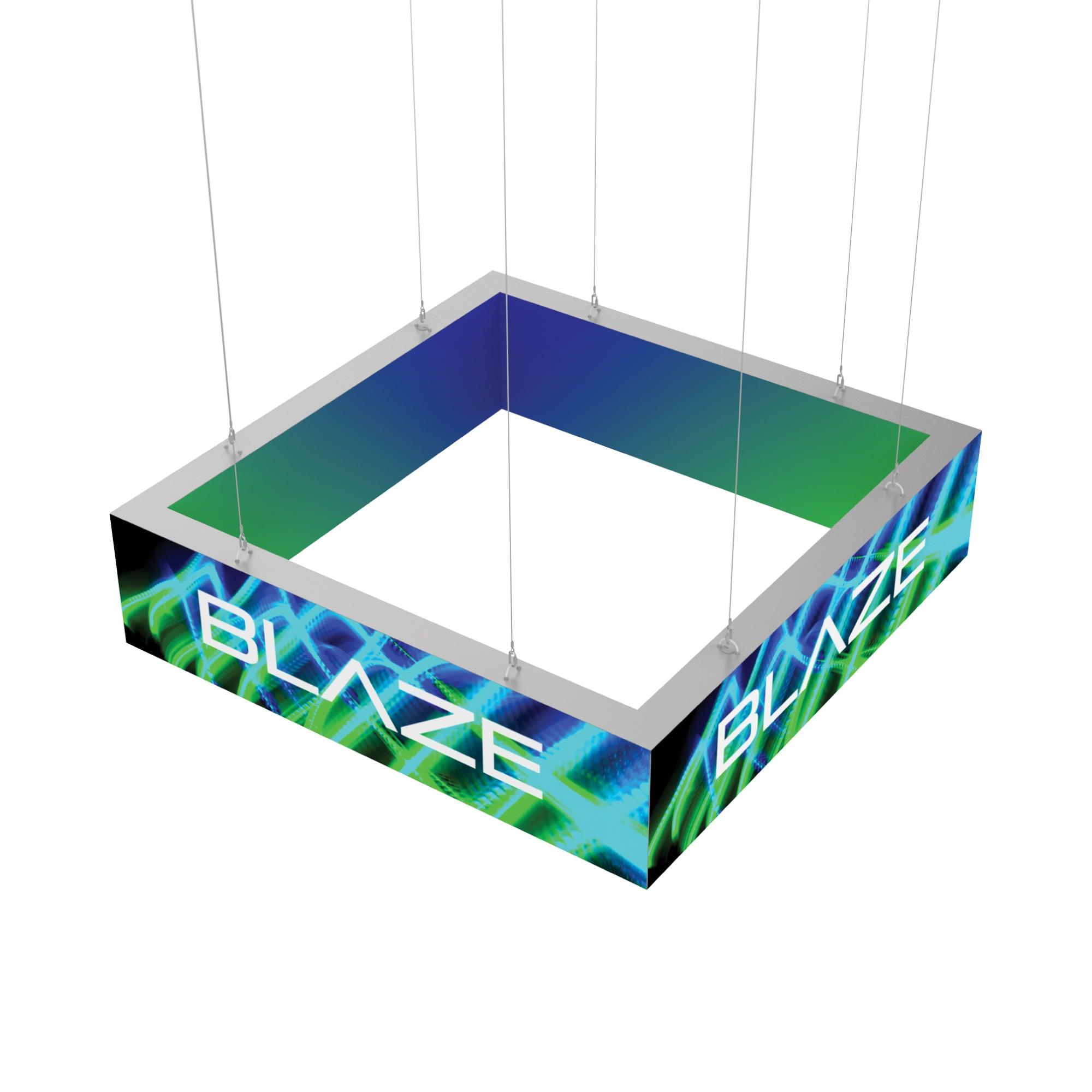 Hanging square light box with vibrant graphic and branding for trade shows and exhibitions