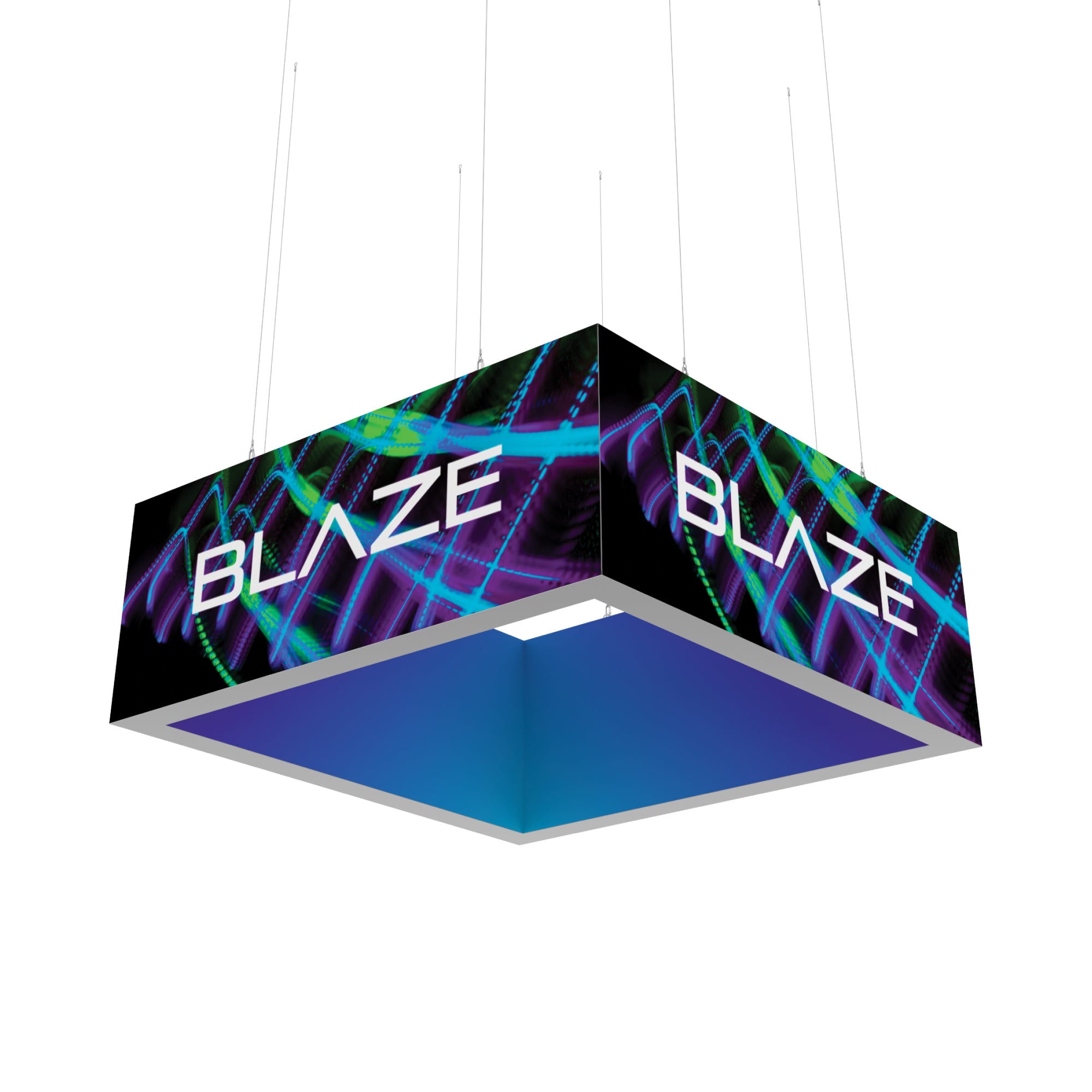 Hanging square trade show light box with vibrant graphic and BLAZE branding for exhibitions