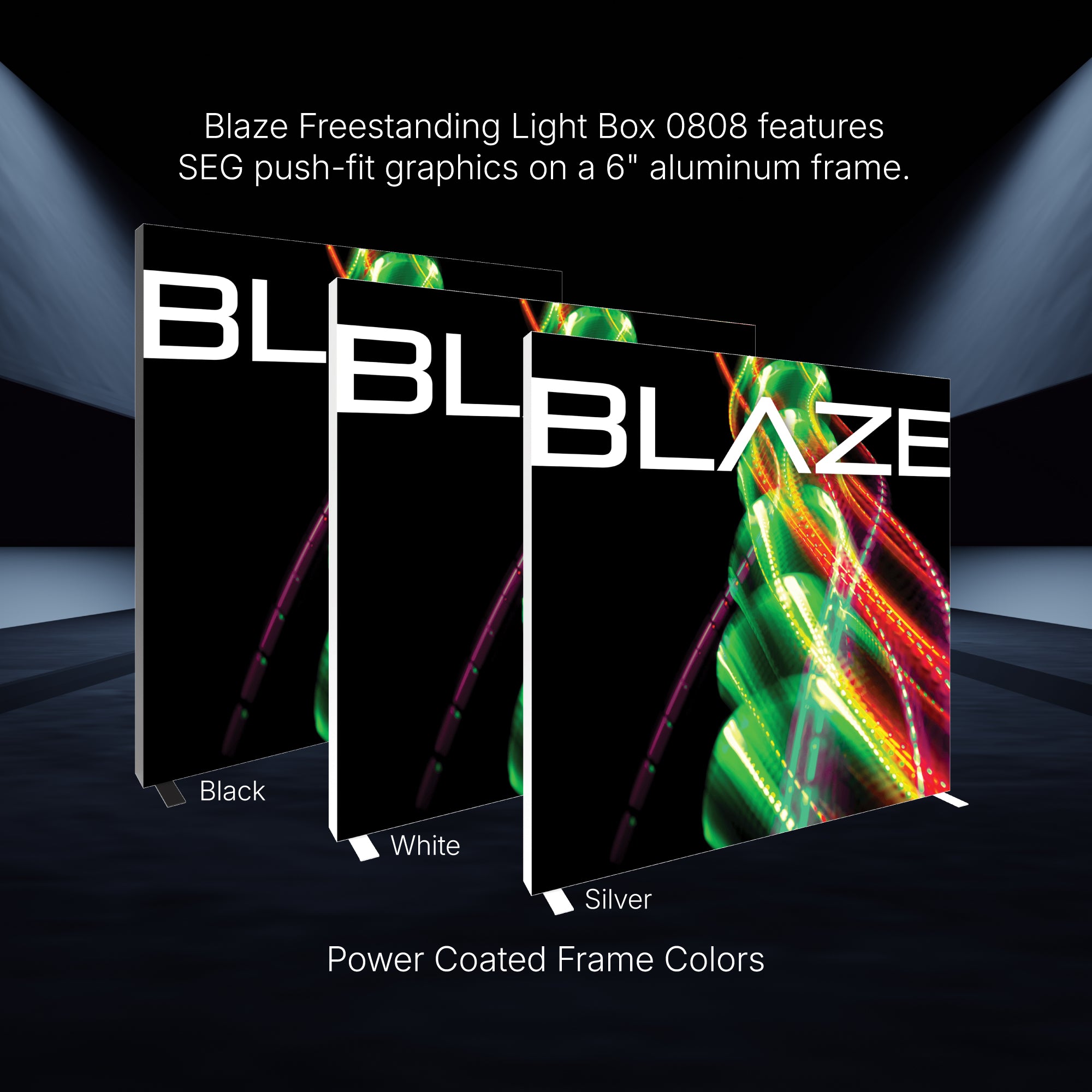 Three freestanding Blaze light box displays with SEG push-fit graphics and aluminum frames, ideal for trade shows and exhibitions