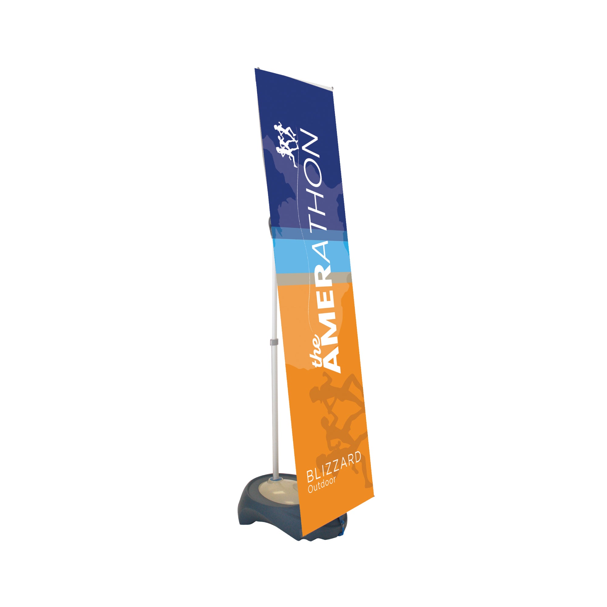 Tall banner stand with outdoor base for trade shows and special events displaying Marathon graphic