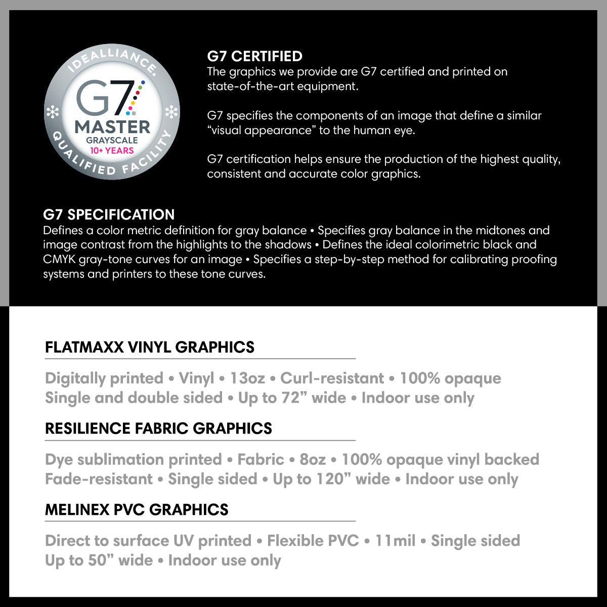 Trade show banner stand featuring high-quality G7 certified vinyl and fabric graphics for exhibitions and events