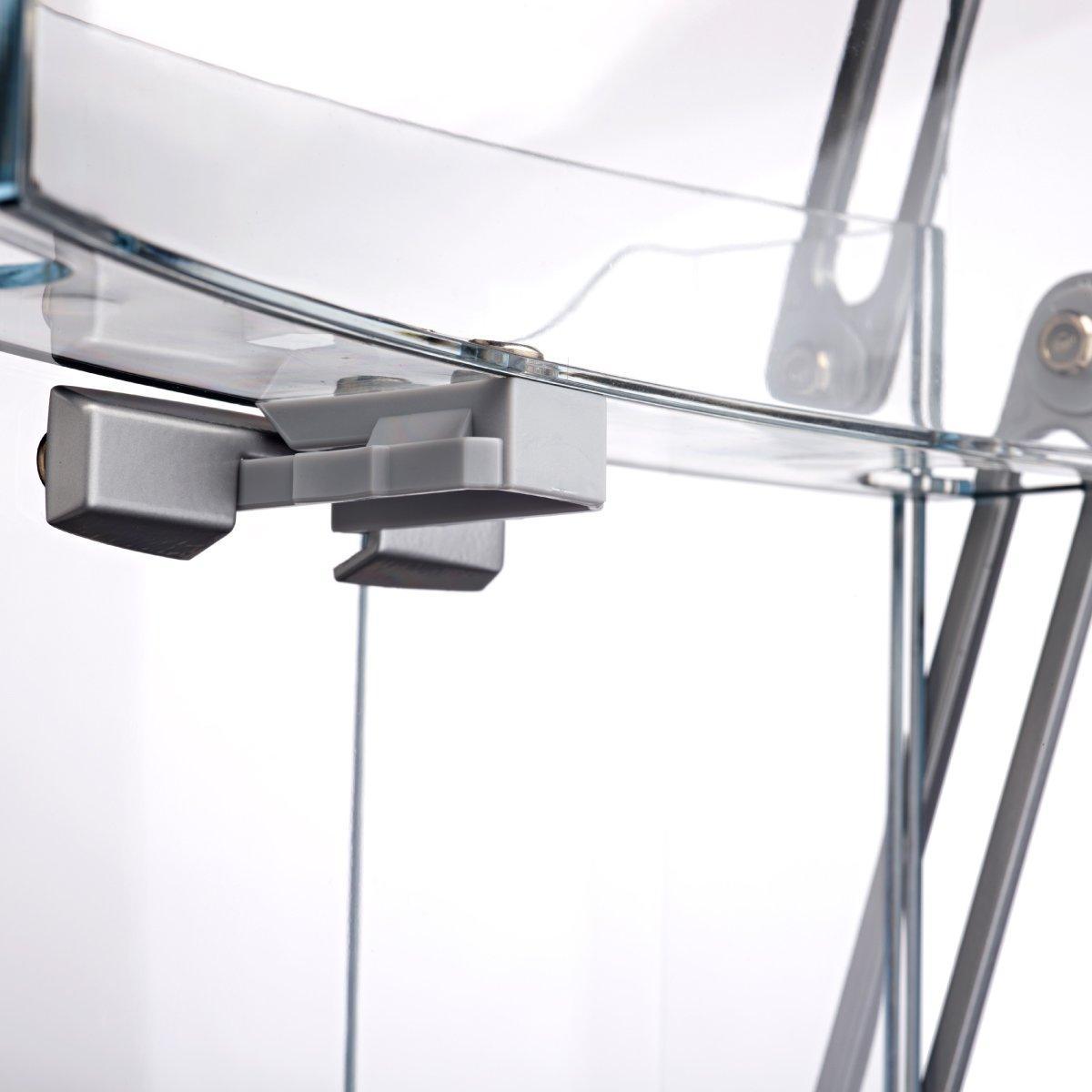 Close-up of a transparent brochure stand latch used for trade shows and events display setup
