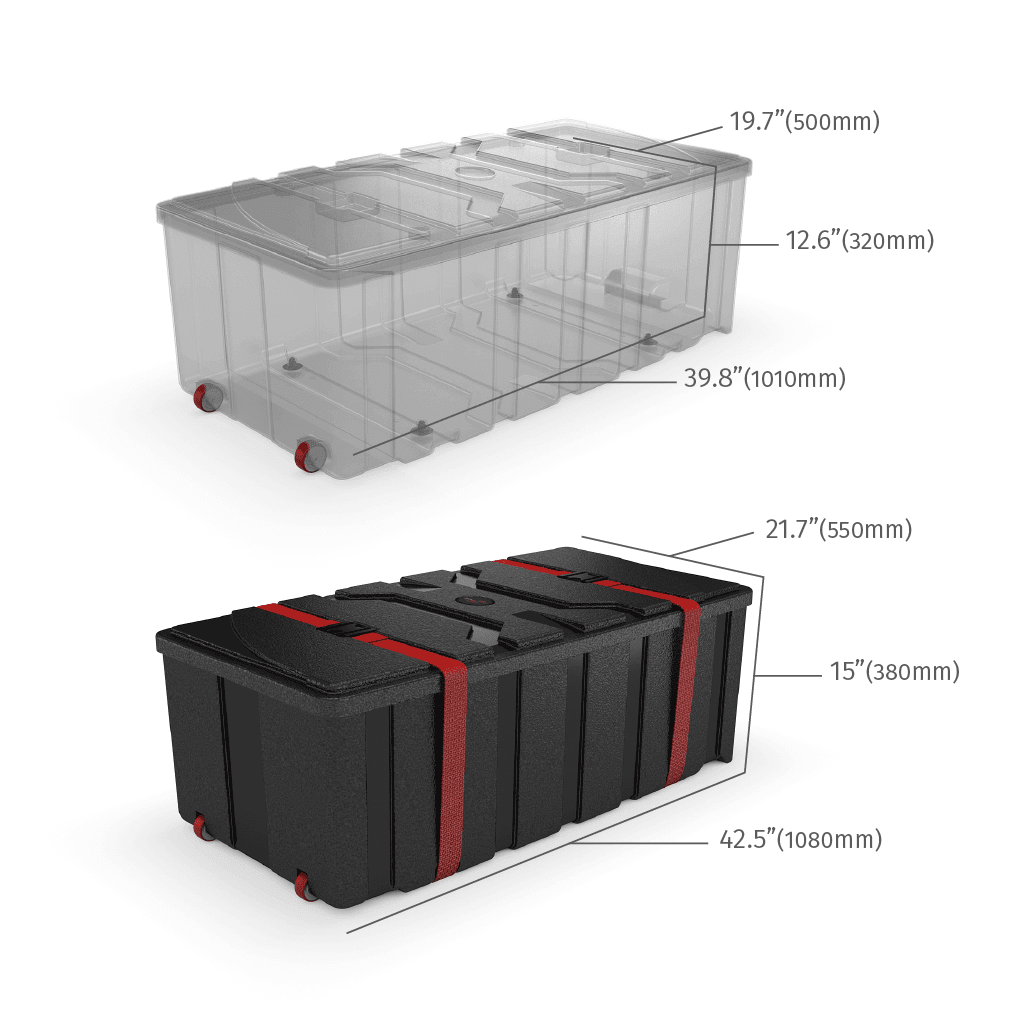 Durable rolling transport cases with secure straps ideal for trade shows and exhibitions, shown with dimensions