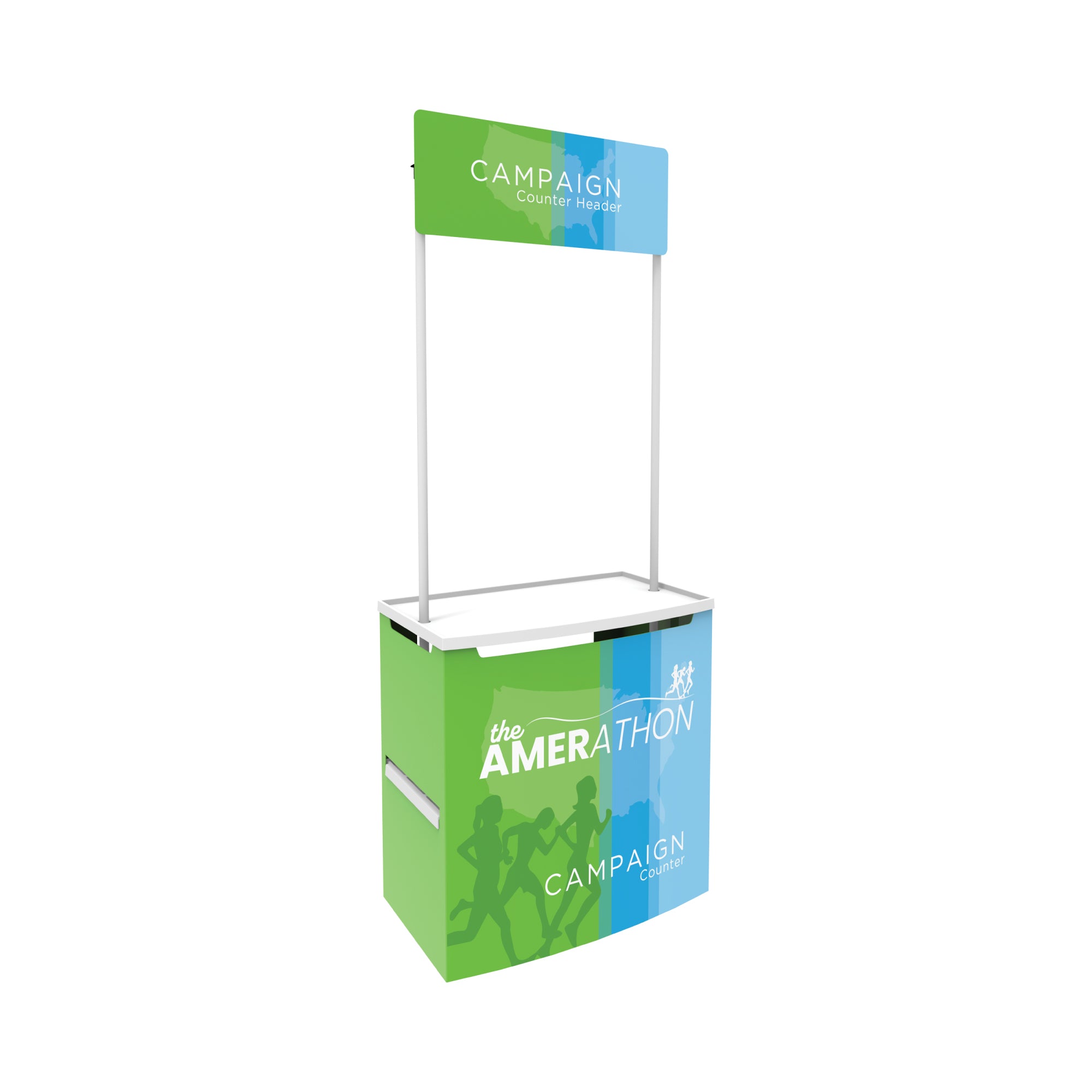 Trade show campaign counter with header featuring marathon graphics for exhibitions and special events