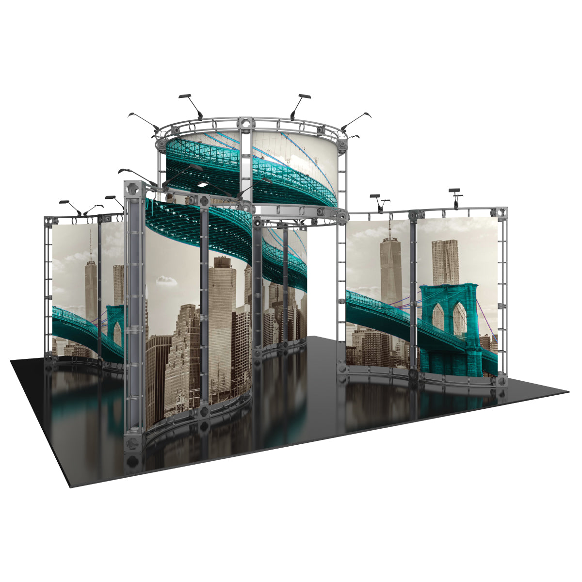 Curved modular truss display with cityscape graphics and overhead lights for trade show booths