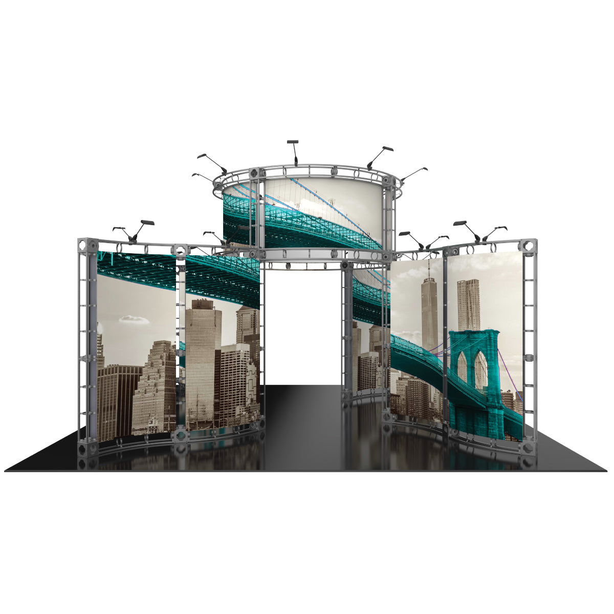 Large modular truss display with curved graphic panels for trade shows and exhibitions