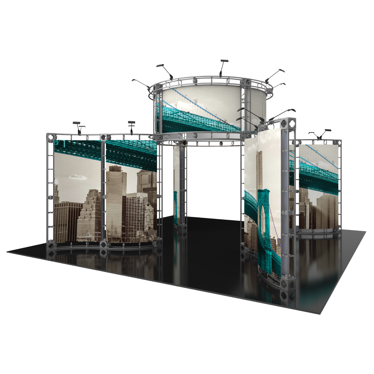 Modular trade show display with curved truss frames and large cityscape graphics for exhibitions
