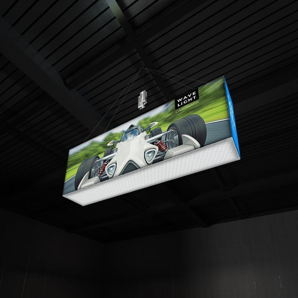 Hanging lightbox display featuring racing car image, designed for trade shows and exhibitions
