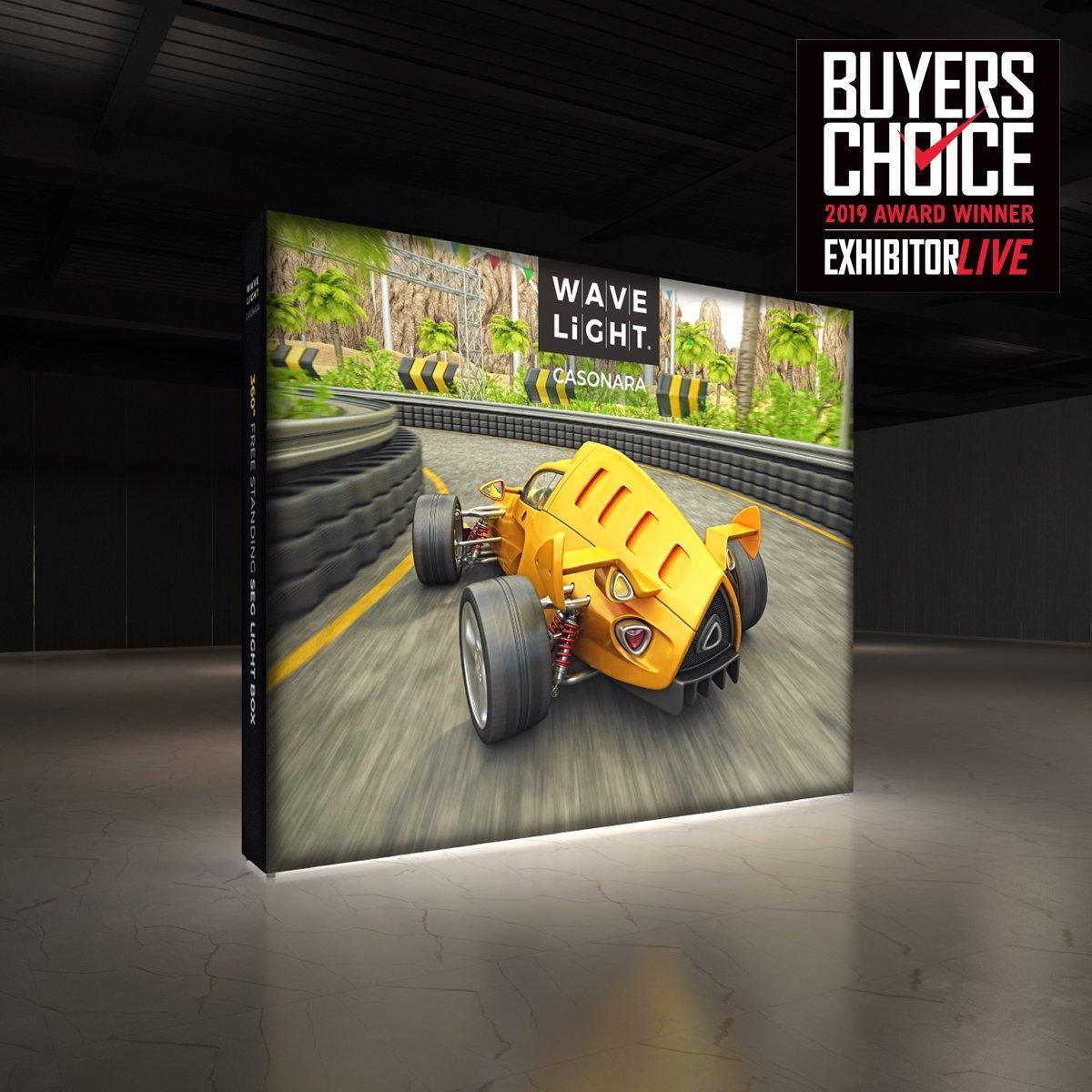 Backlit freestanding display showcasing race car graphic for trade shows and exhibitions