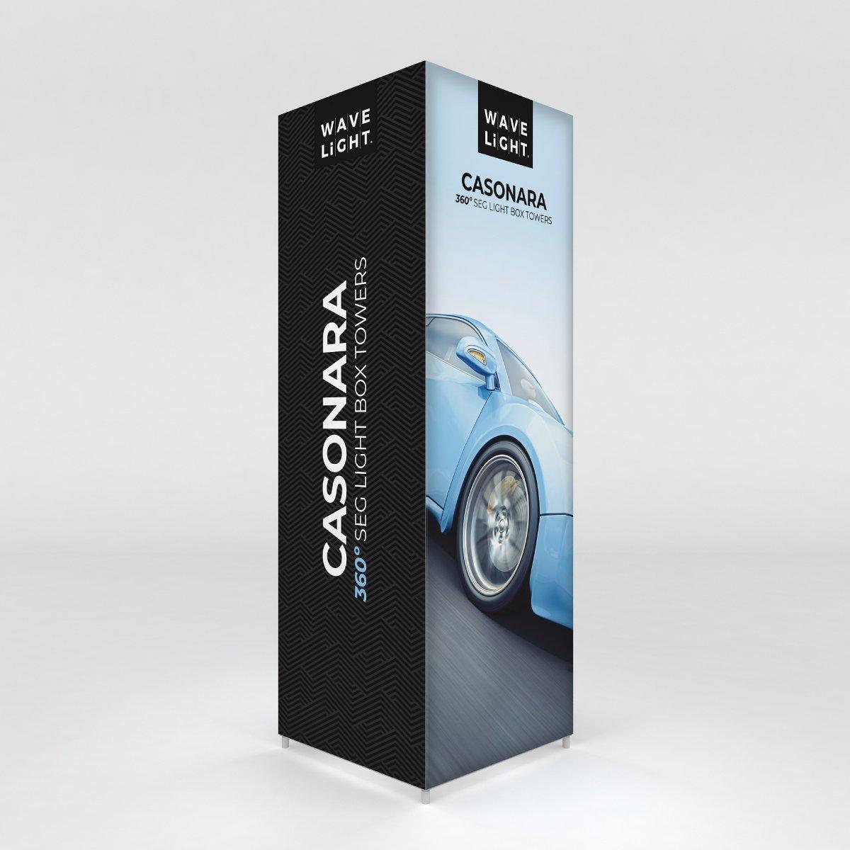 Illuminated Casonara 360° SEG light box tower displaying car image for trade shows and exhibitions
