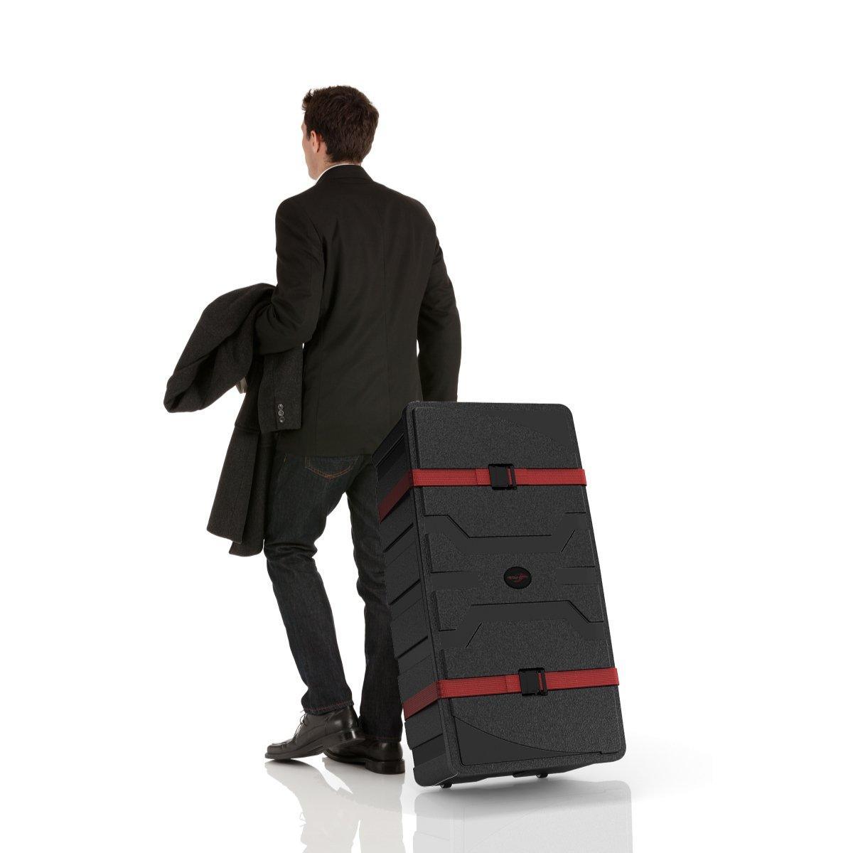 Man with travel case on wheels for trade shows, exhibitions, and special events