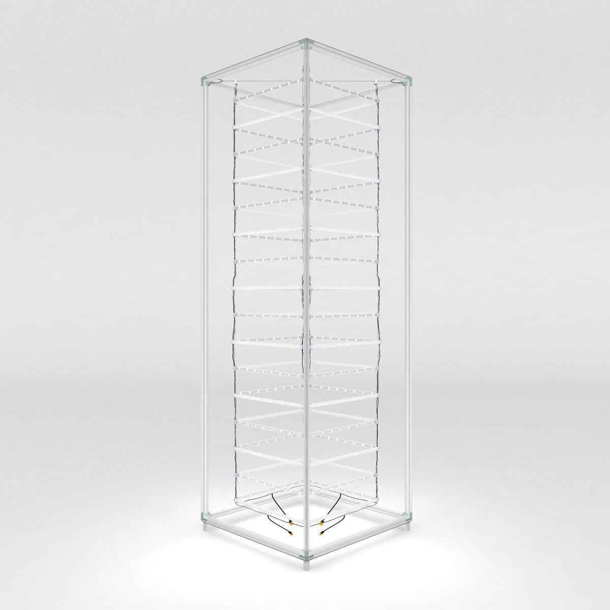 Backlit tower display structure for trade shows and exhibitions with illuminated frame and suspending elements