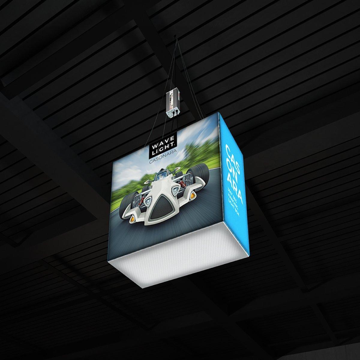 Hanging illuminated lightbox display with car graphic for trade shows and exhibitions