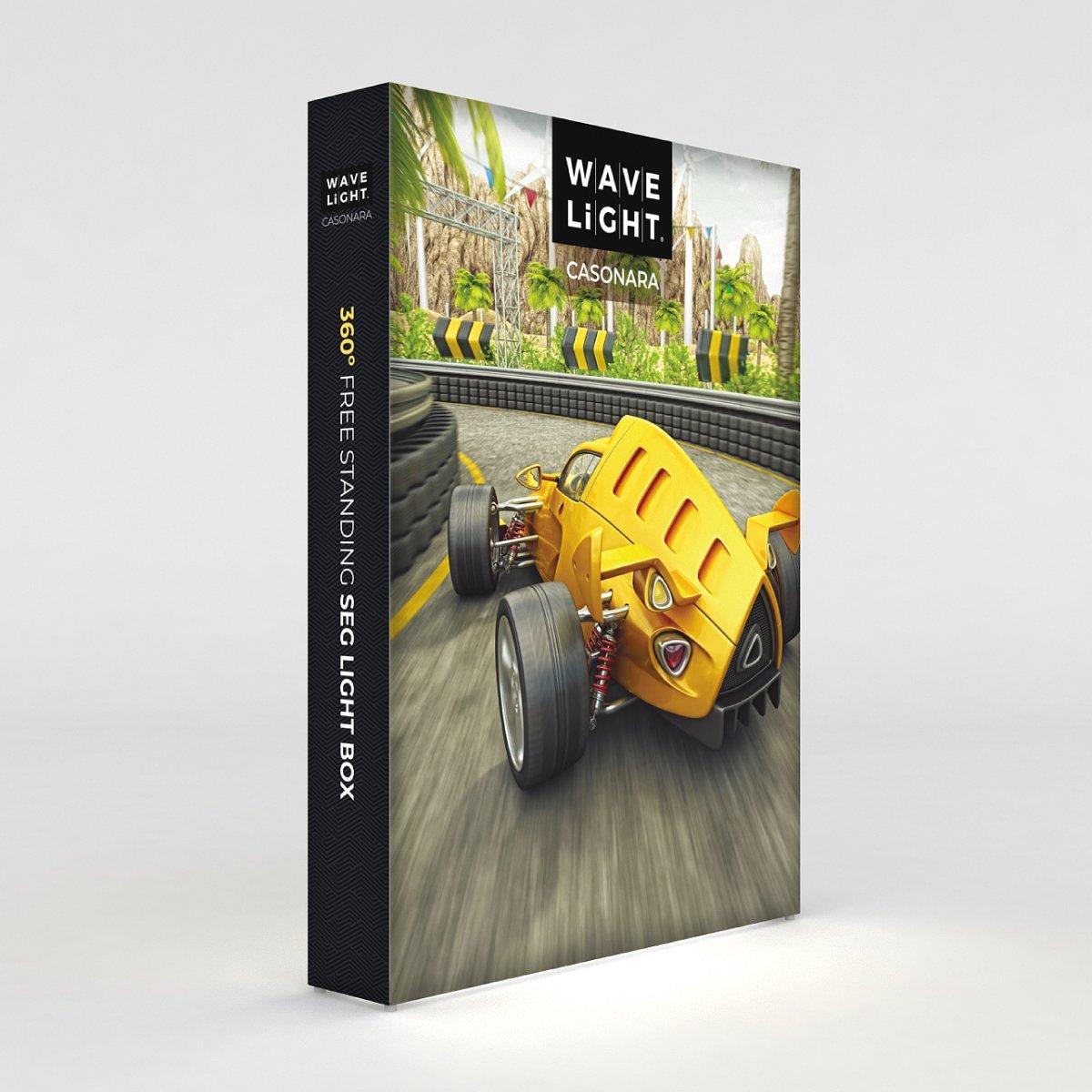 Free standing 6ft SEG light box display with vivid racing car graphic for trade shows and exhibitions