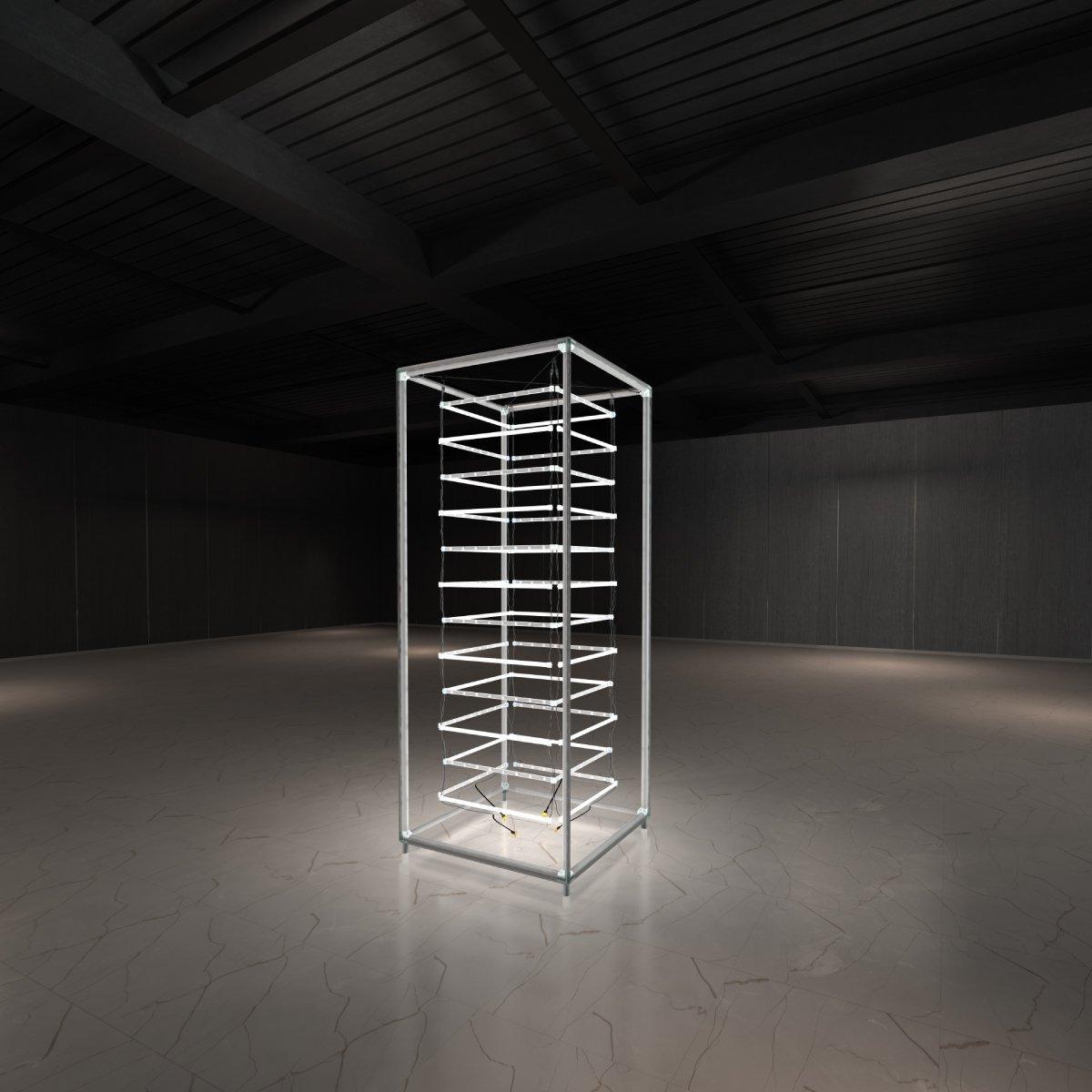 Illuminated modular frame tower display ideal for trade shows and exhibitions in a large room