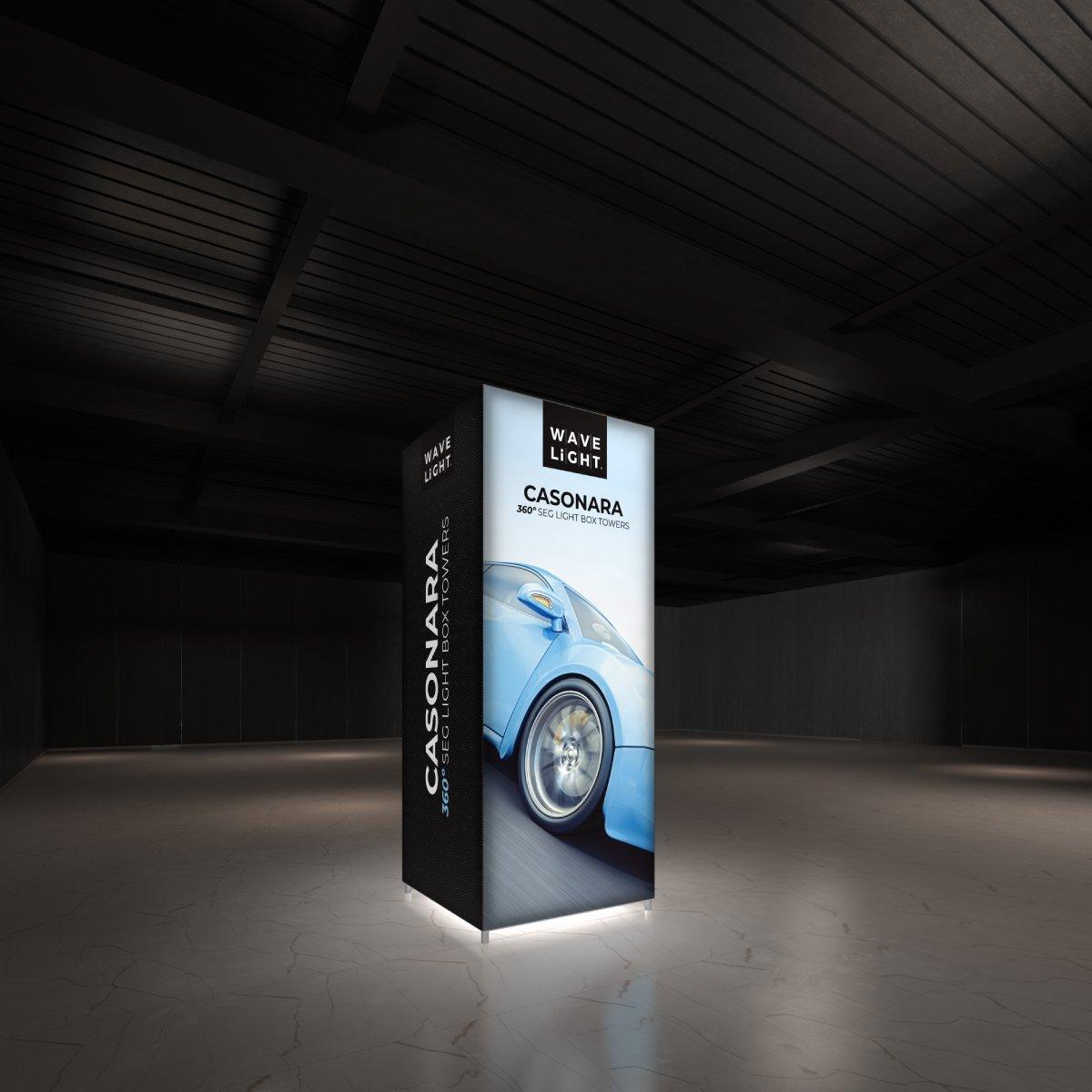 Illuminated Casonara 360° SEG light box tower showcasing car image at a trade show or exhibition
