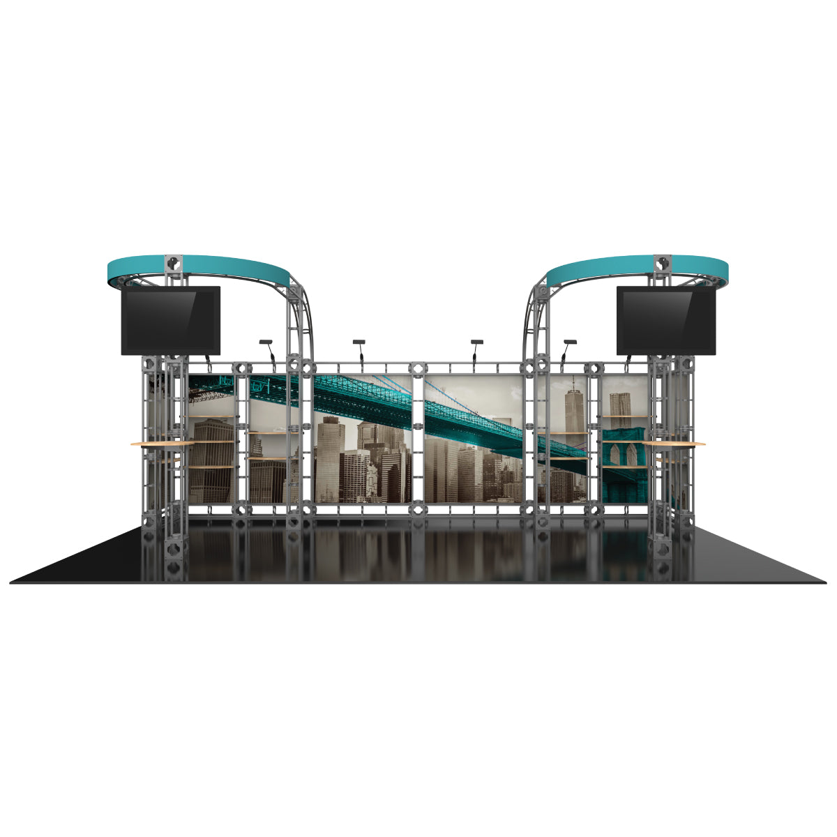 Modular trade show exhibit with curved truss frames, overhead lighting, TV screens, and cityscape graphics