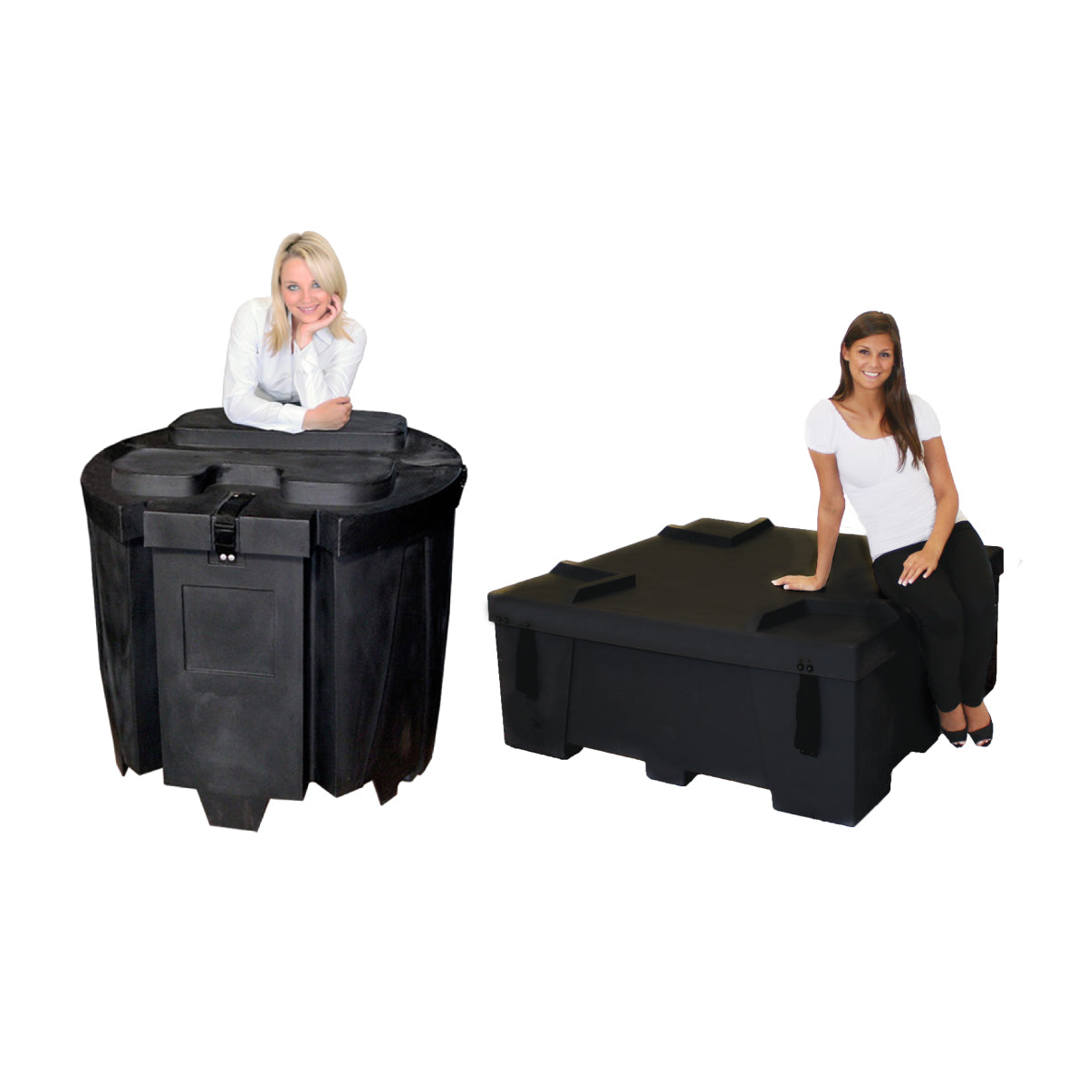 Trade show display cases featuring two women interacting with versatile exhibition products