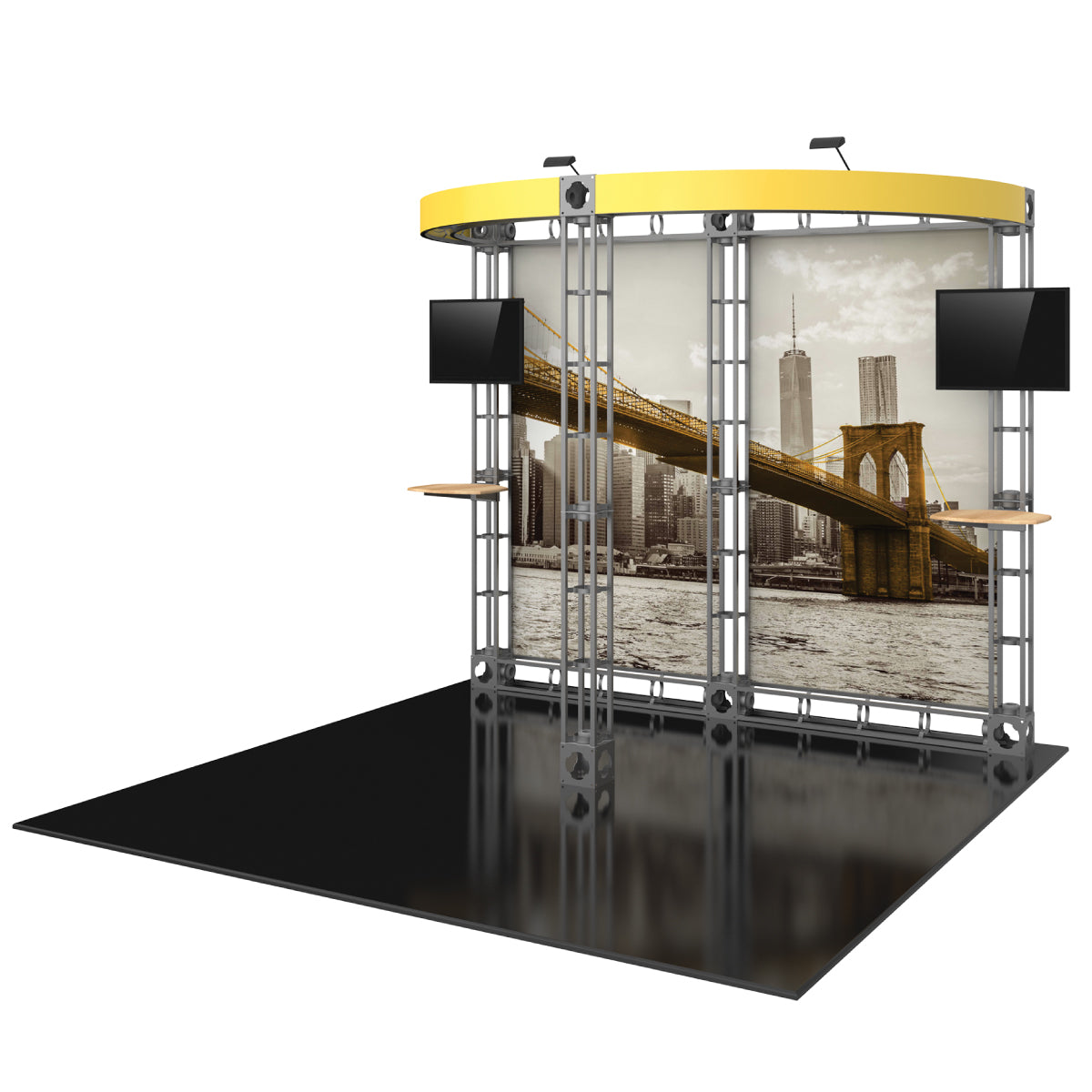 Modular trade show display with large cityscape graphic, mounted screens, and shelves for exhibitions