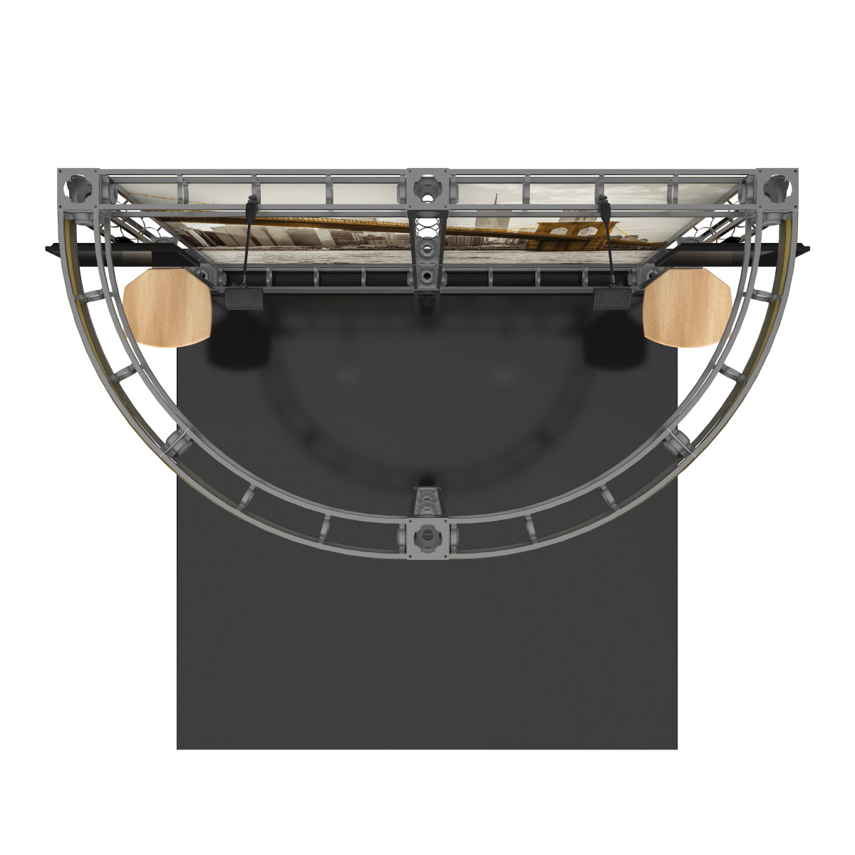 Trade show curved truss display with wooden counters and hanging lights for exhibitions and events
