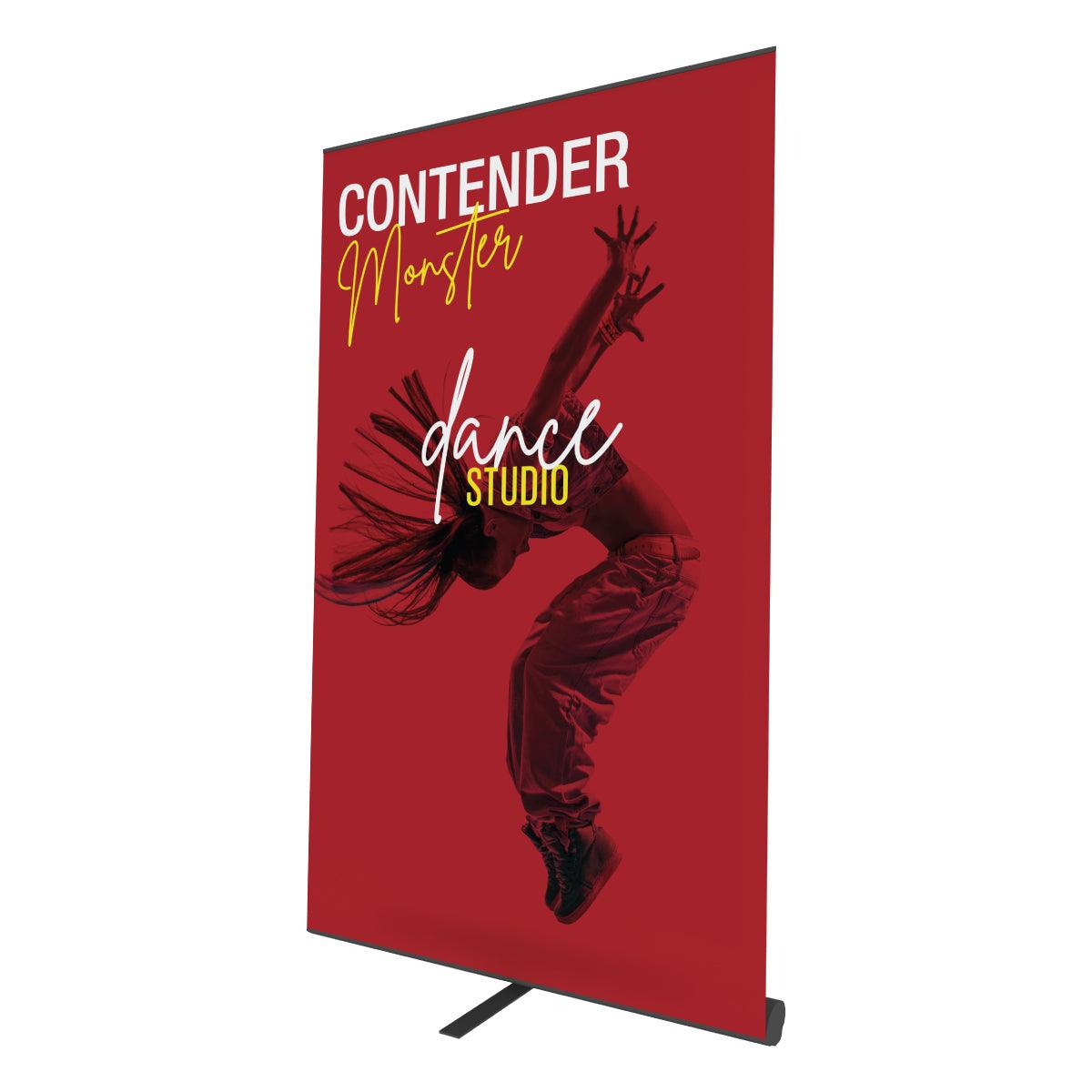 Freestanding banner stand with dynamic dance studio graphic ideal for trade show and event displays
