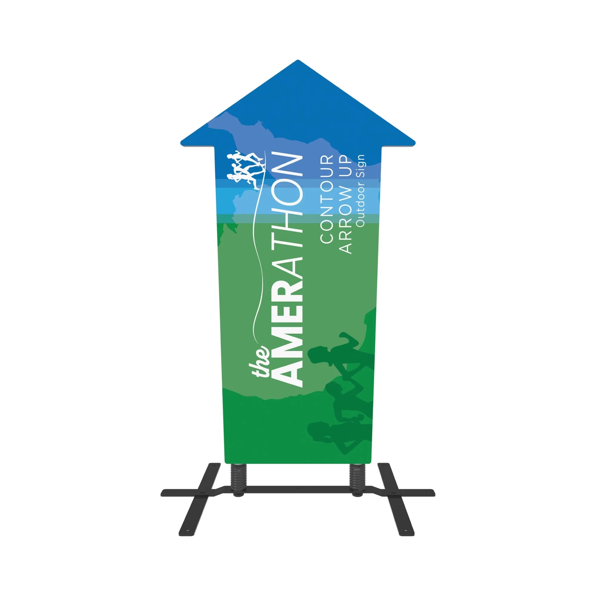 Contour arrow-up outdoor sign with marathon event graphics for trade shows and exhibitions
