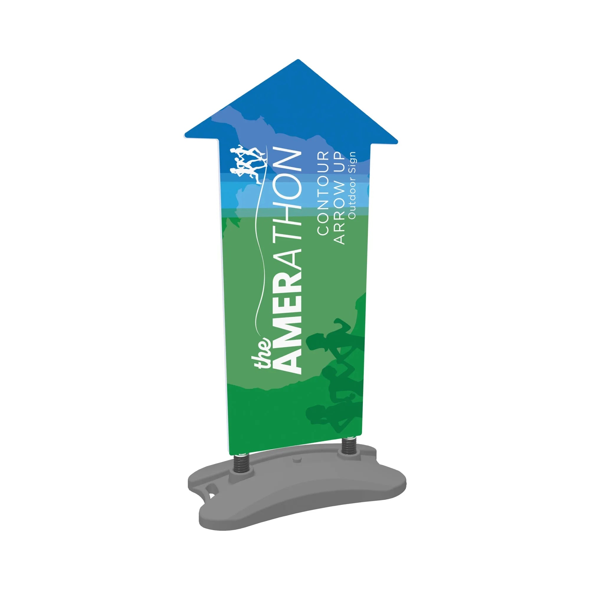Arrow-shaped outdoor sign with running marathon graphics for trade shows and exhibitions