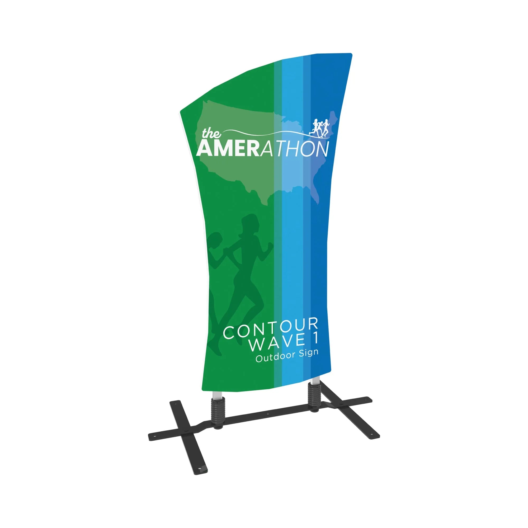Curved outdoor trade show sign with spring base, showcasing event branding for exhibitions and special events