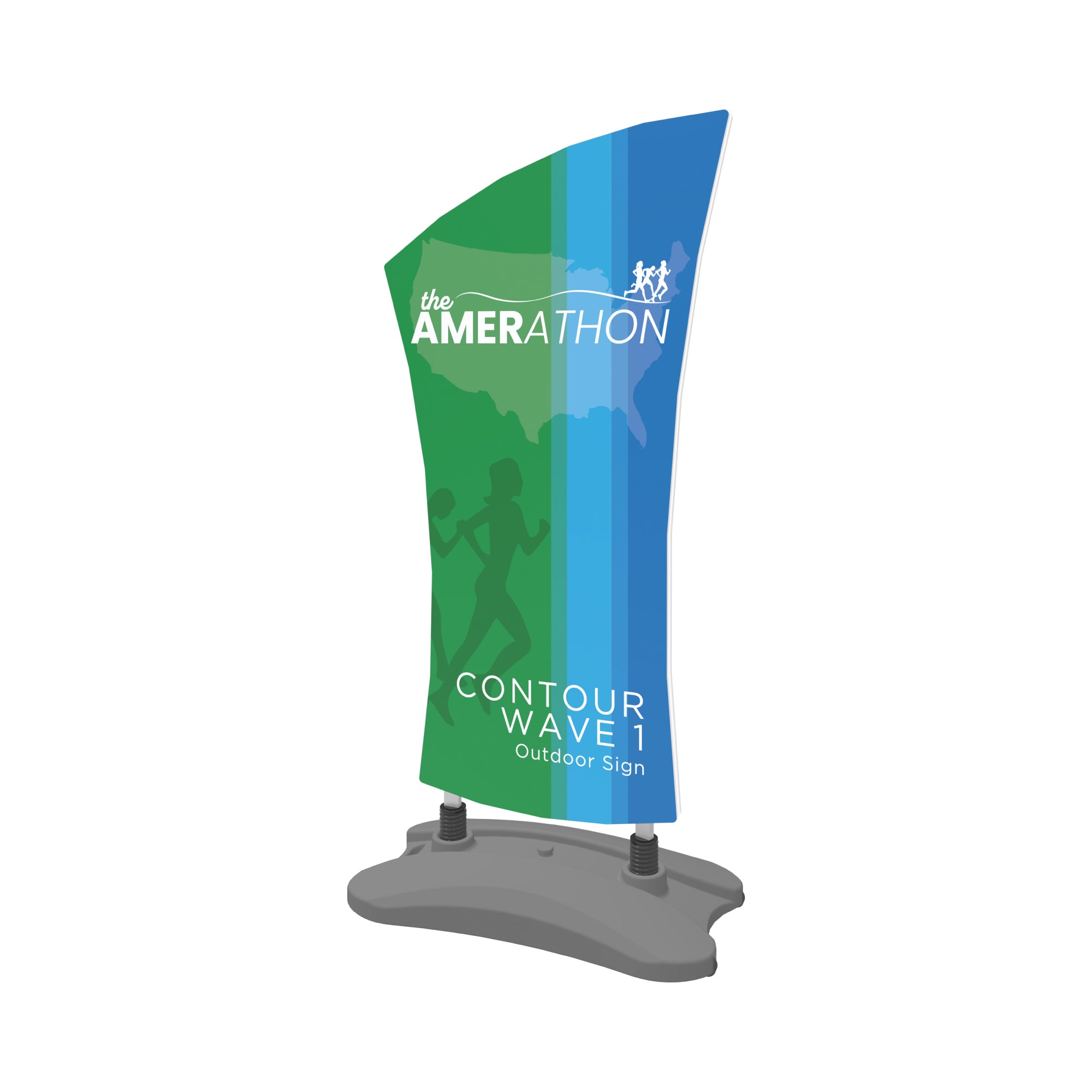 Outdoor trade show curved contour wave 1 sign featuring Amerathon running event graphics