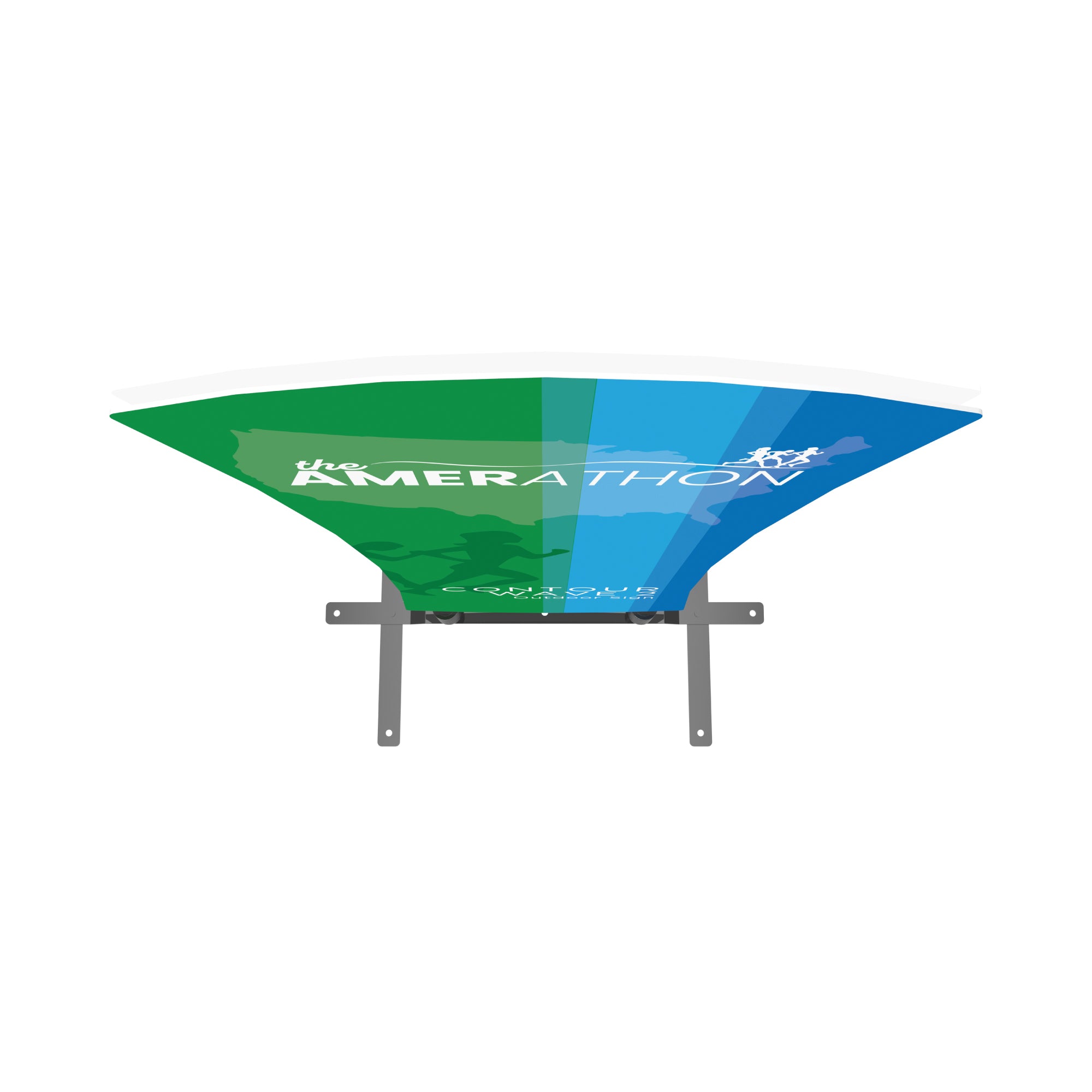 Curved trade show display with printed graphic mounted on metal base for exhibitions and events