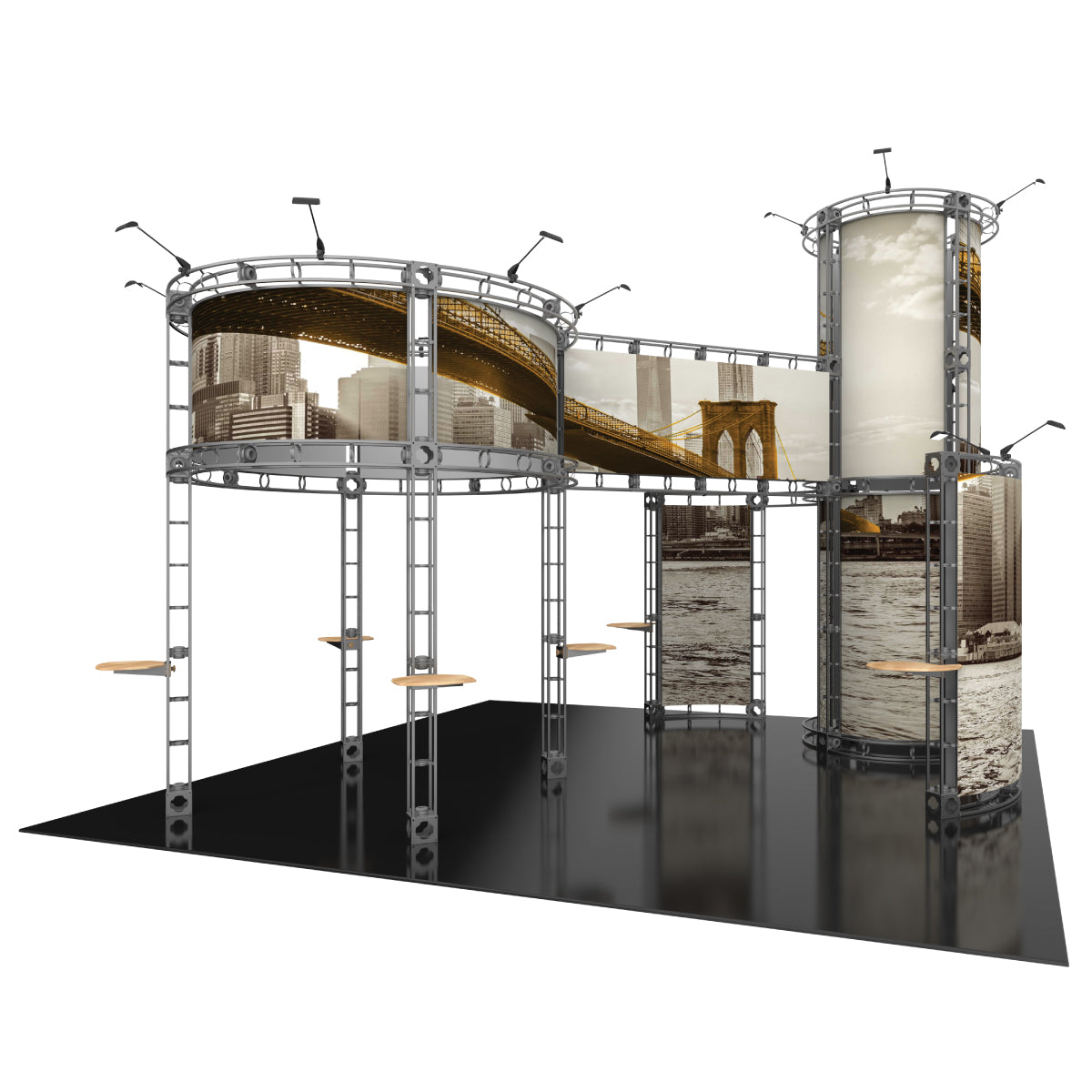 Modular truss display with graphic panels and mounted tables for trade shows and exhibitions