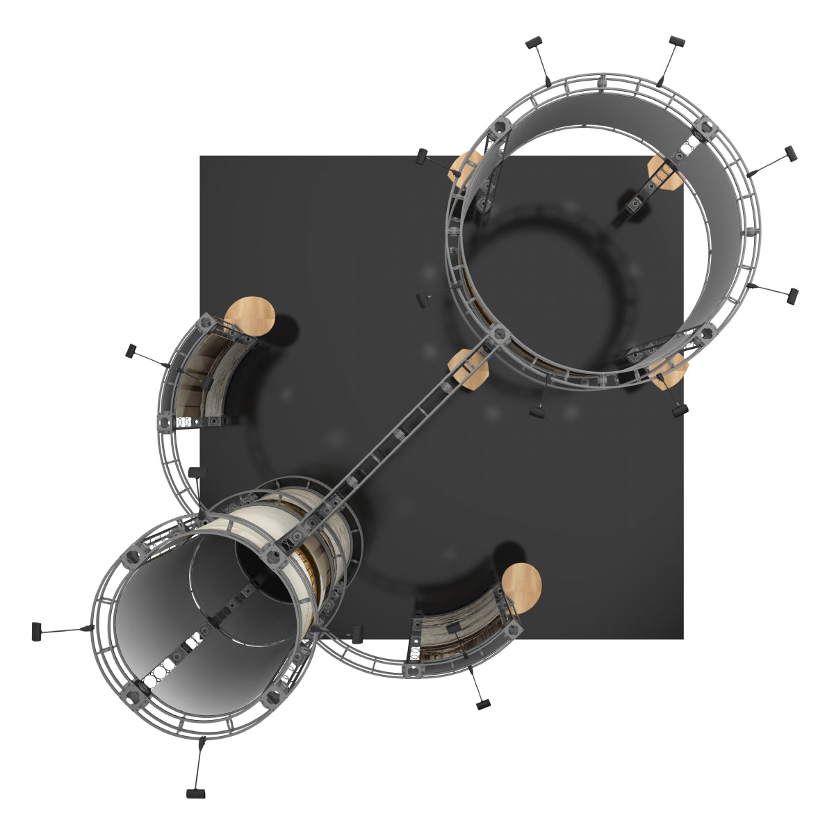 Overhead view of modular exhibition truss system with circular and rectangular display areas for trade shows and events